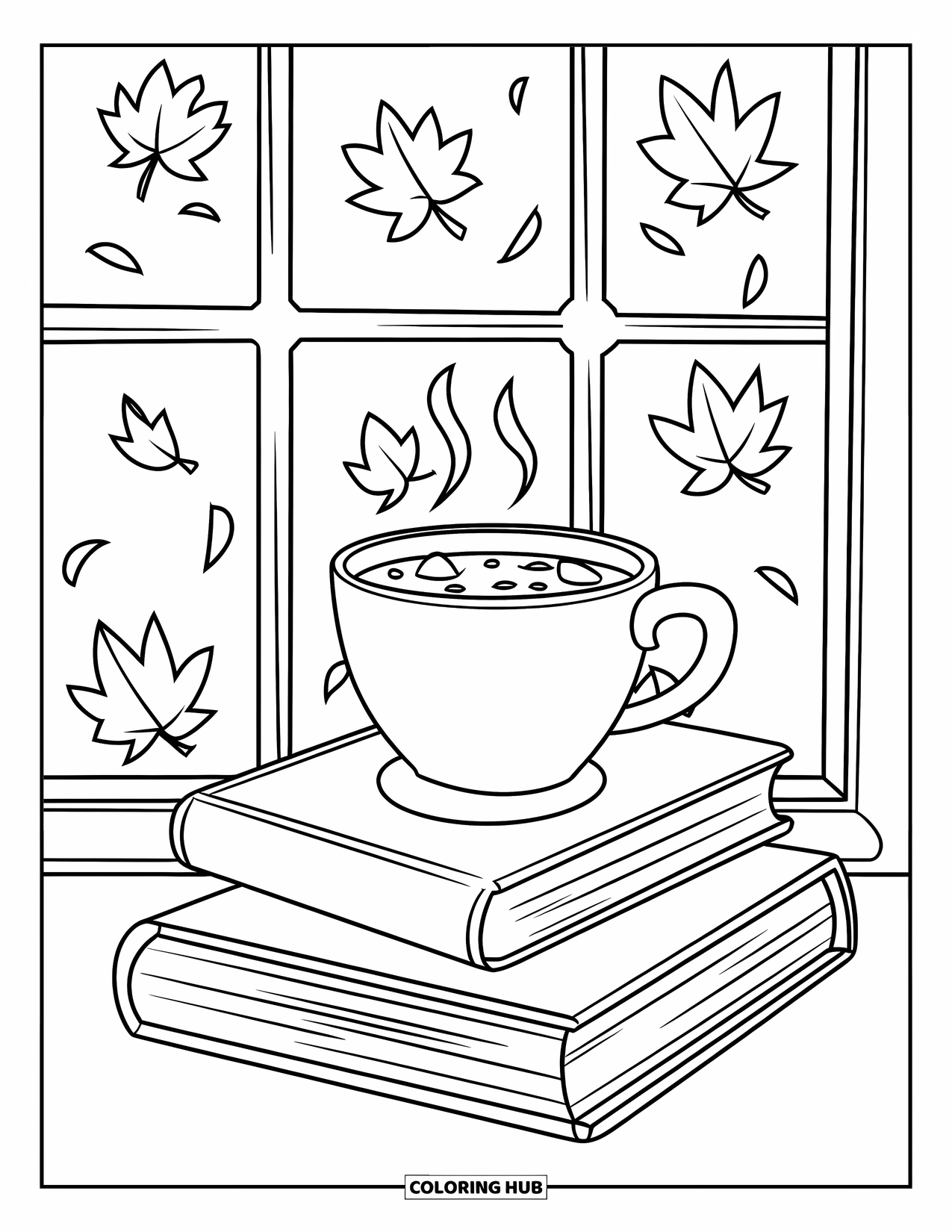 Herfst Kleurplaat voor Kinderen: Een gezellige scène met boeken en warme chocolademelk zit bij een raam met vallende bladeren