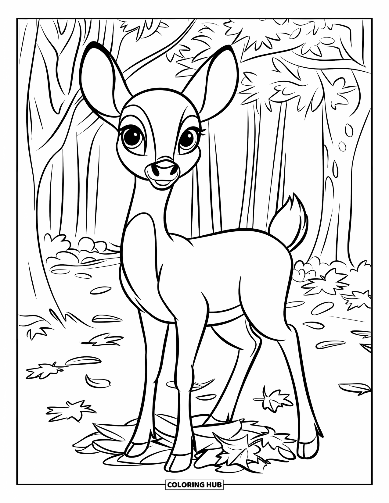 Herfst Kleurplaat voor Kinderen: Een nieuwsgierig hert staart door de bomen, staand op een bed van herfstbladeren