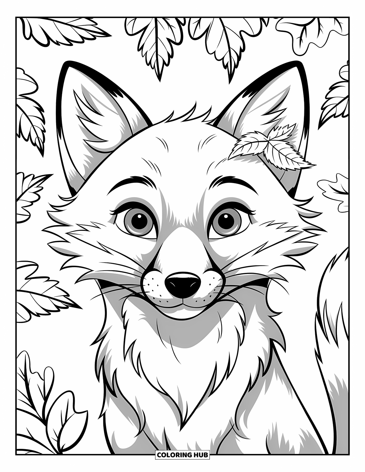 Herfst Kleurplaat voor Kinderen: Een nieuwsgierige vos met heldere ogen gluurt door een cluster van herfstbladeren