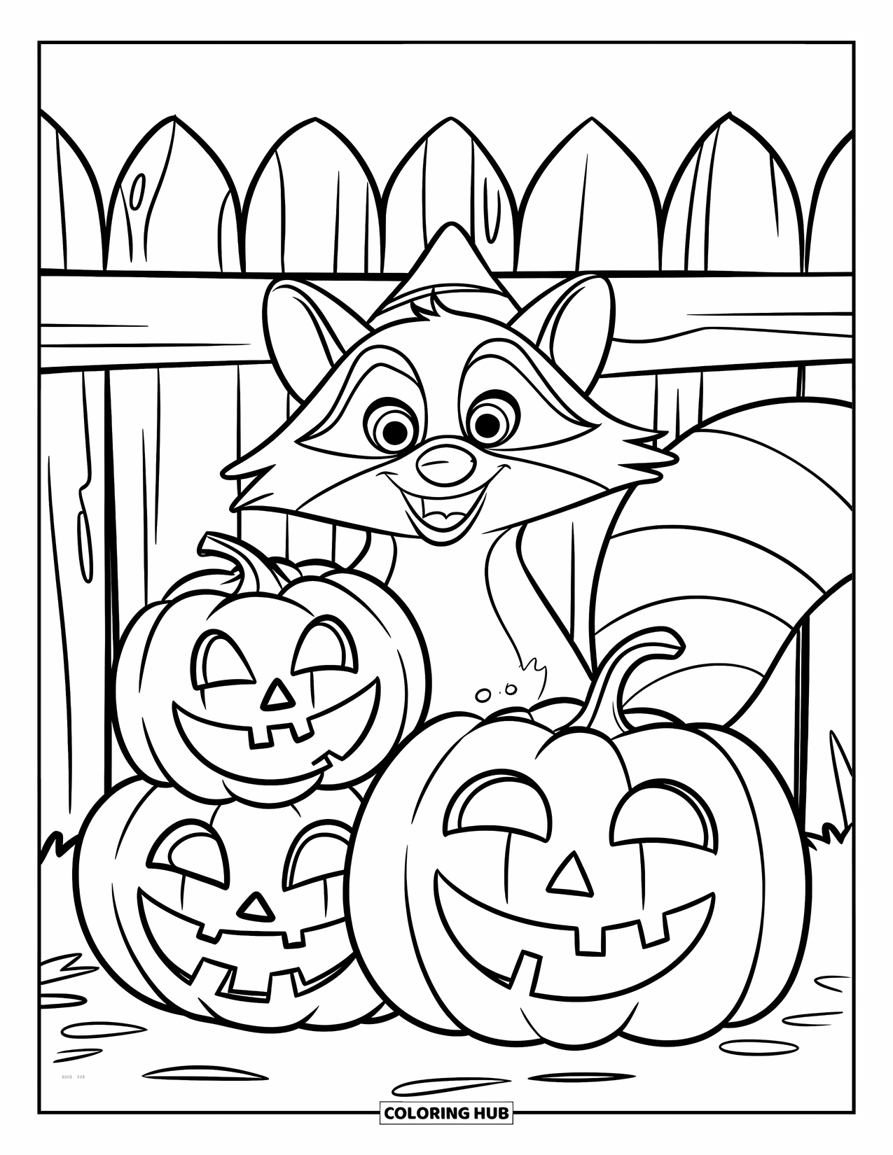 Herfst Kleurplaat voor Kinderen: Een nieuwsgierige wasbeer verstopt zich speels achter een stapel mollige pompoenen