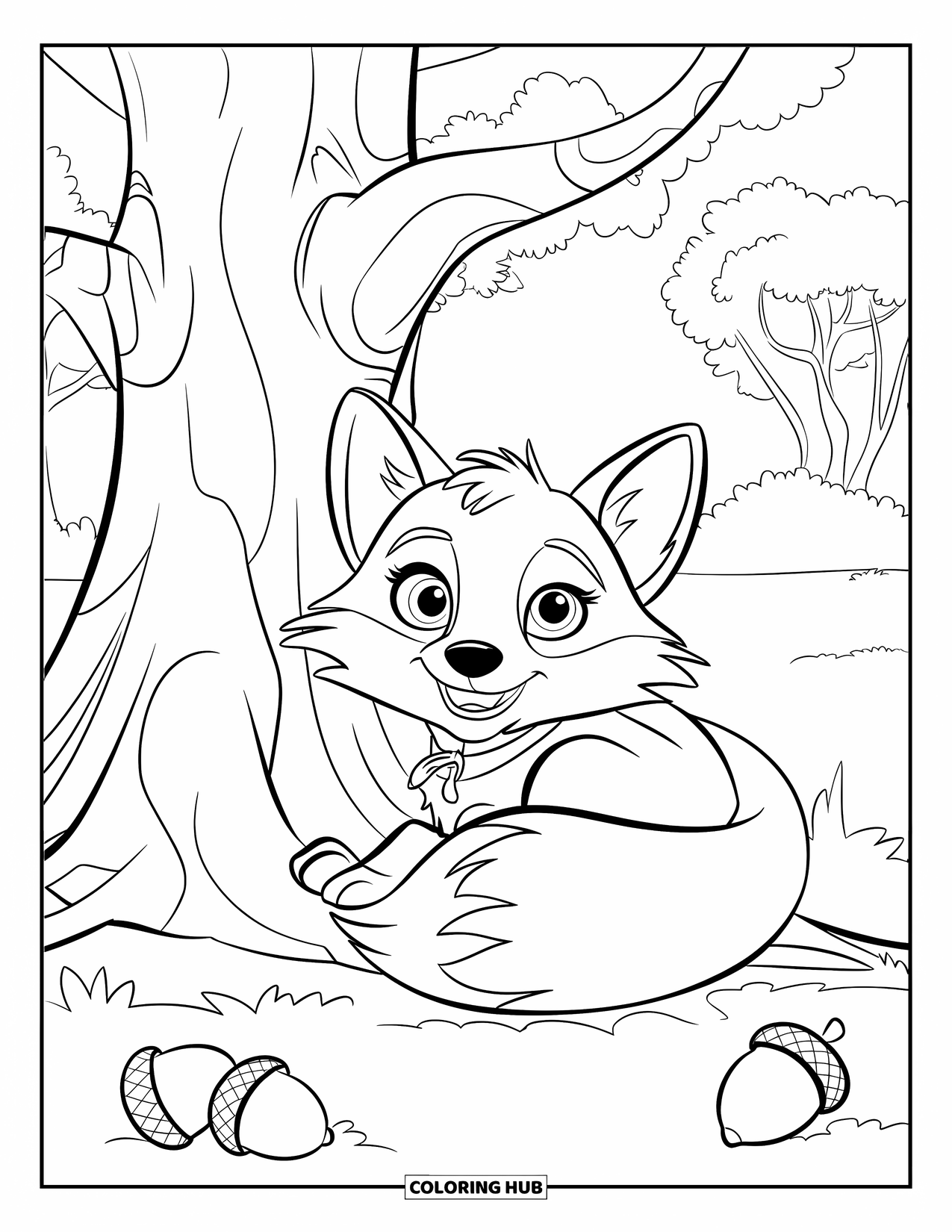 Herfst Kleurplaat voor Kinderen: Een opgerolde vos doet vredig een dutje onder een boom, verborgen in de bladeren