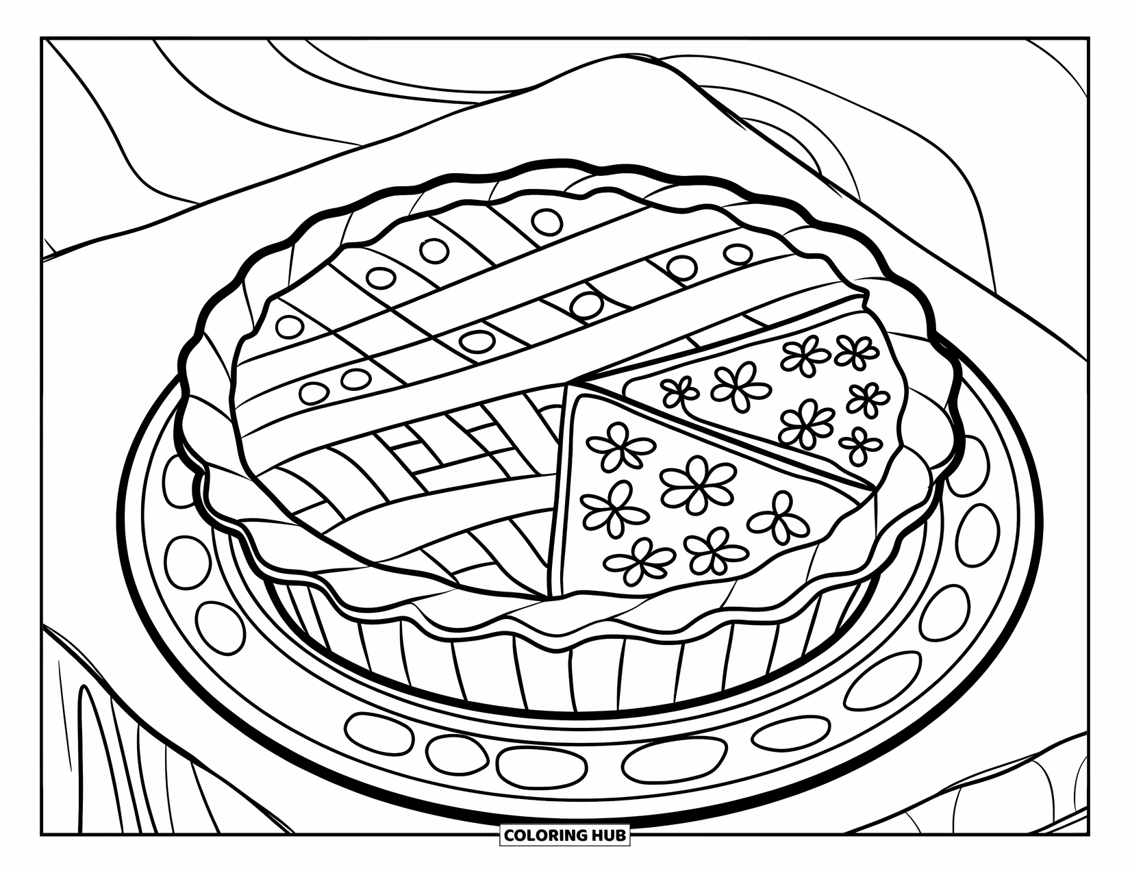 Herfst Kleurplaat voor Kinderen: Een decoratieve taart met unieke patronen staat op een bord met een gedurfd cirkelvormig ontwerp