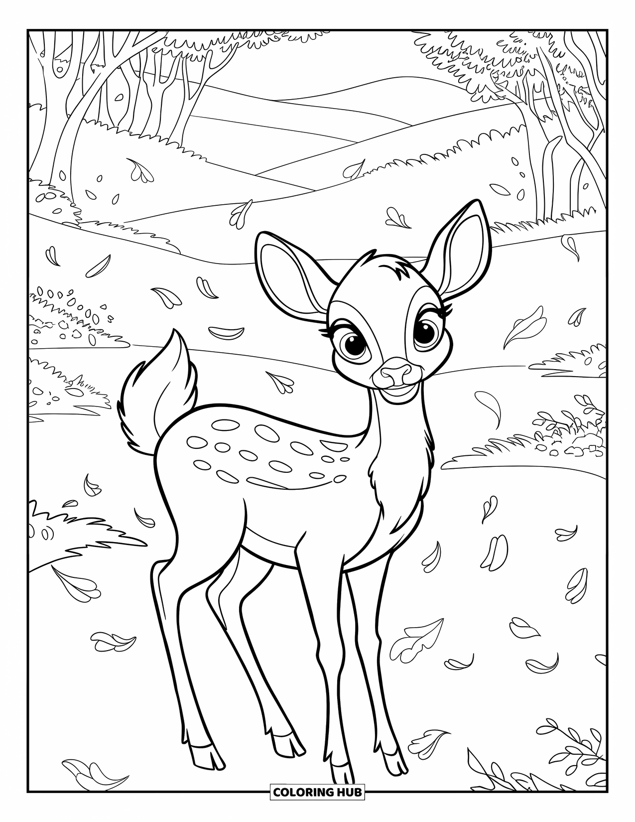 Herfst Kleurplaat voor Kinderen: Een hert staat in een mistige vallei, omlijst door vallende herfstblaadjes en bomen