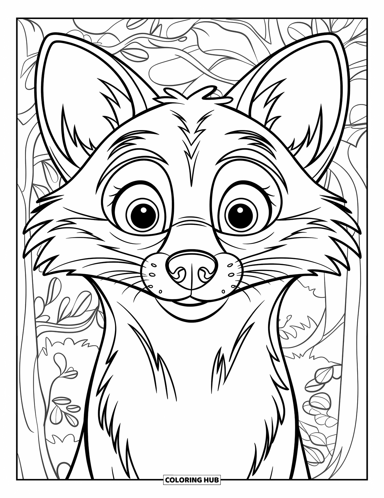 Herfst Kleurplaat voor Kinderen: Een gedetailleerde vos met opstaande oren kijkt vooruit, omlijst door wervelende herfstbladeren