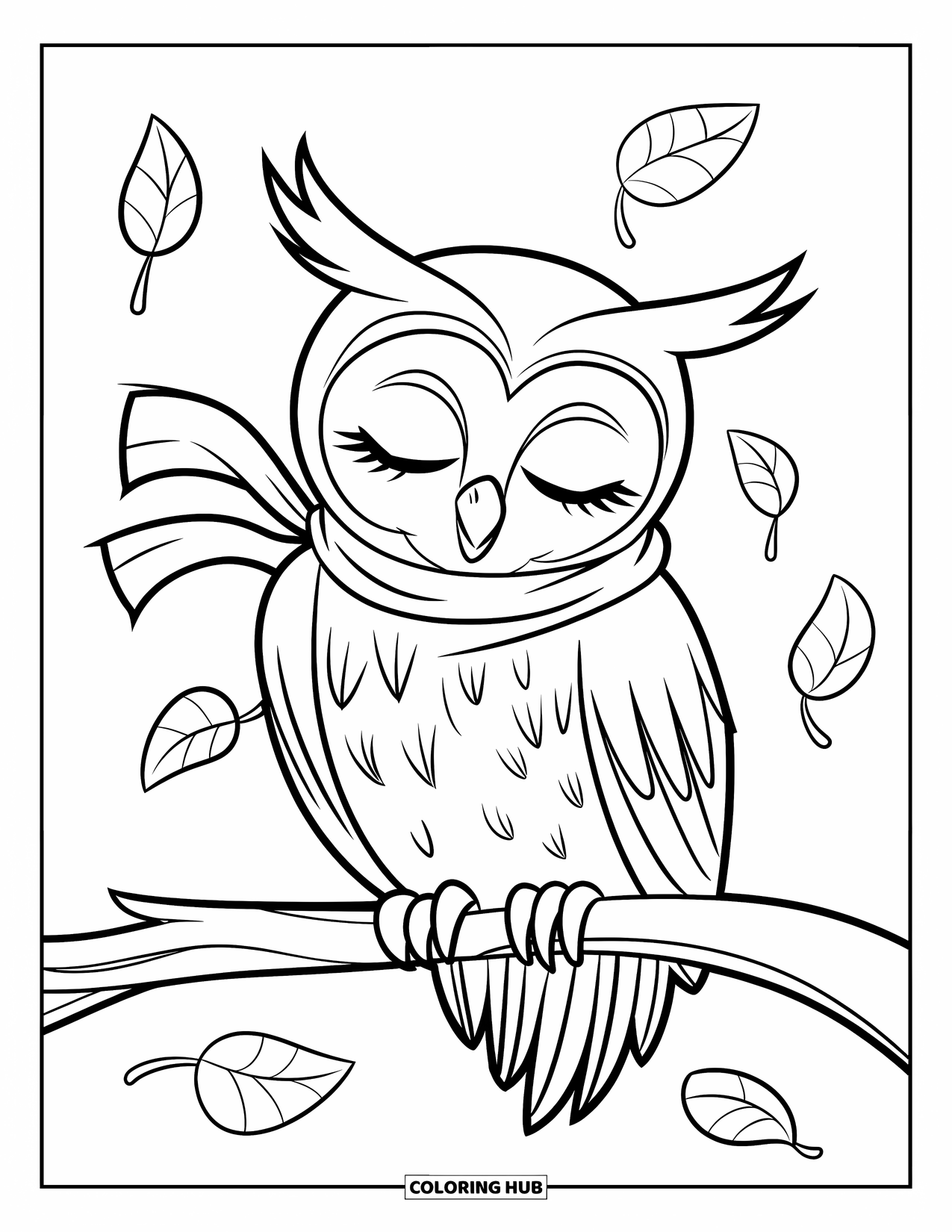 Herfst Kleurplaat voor Kinderen: Een slaperige uil in een gezellige sjaal zit op een kale tak met dwarrelende bladeren
