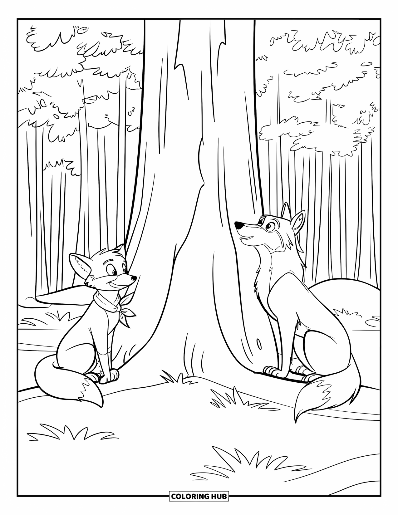 Herfst Kleurplaat voor Kinderen: Een vos en een wolf zitten aan weerszijden van een enorme boomstam