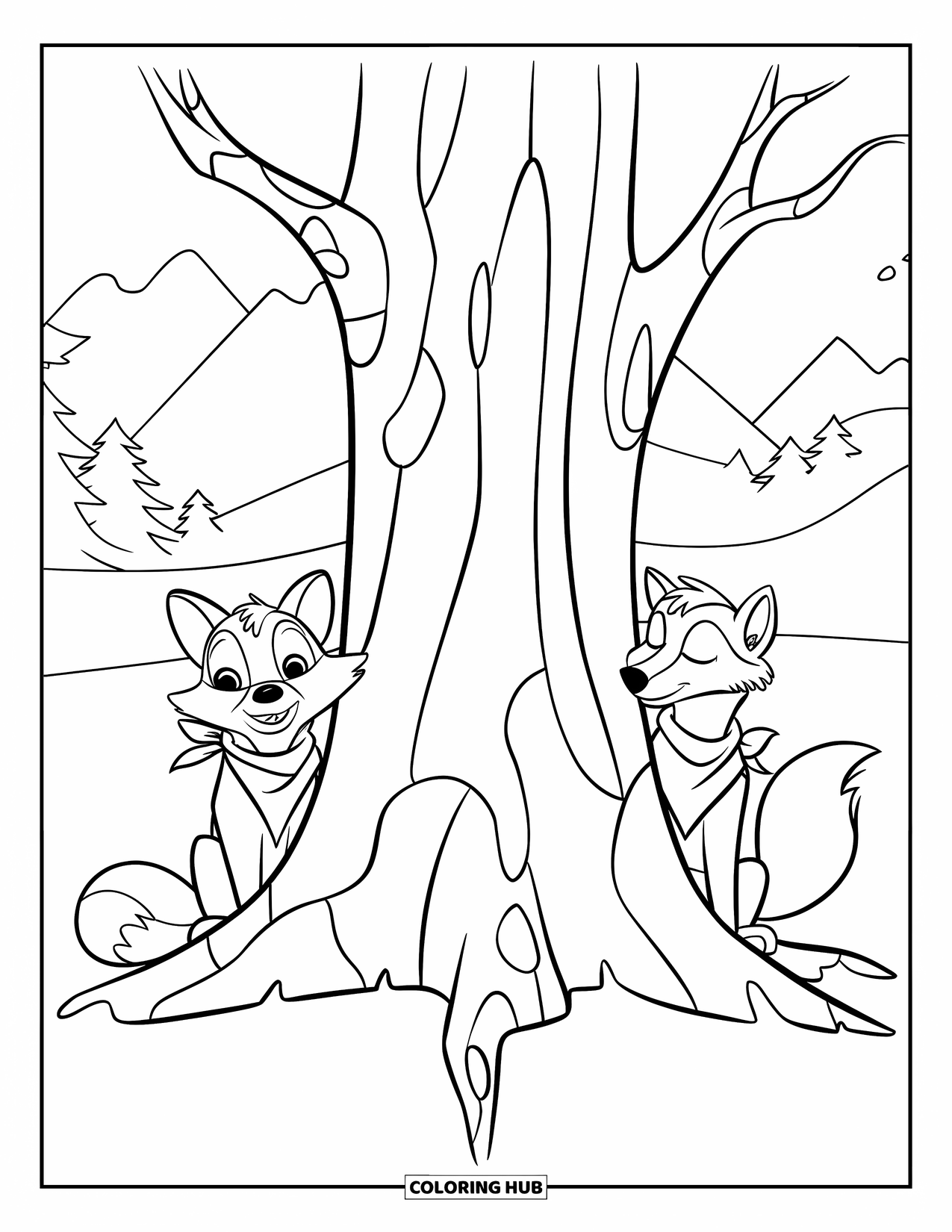 Herfst Kleurplaat voor Kinderen: Een vos met een sjaal en een wolf met een hoed rusten in de buurt van een boom