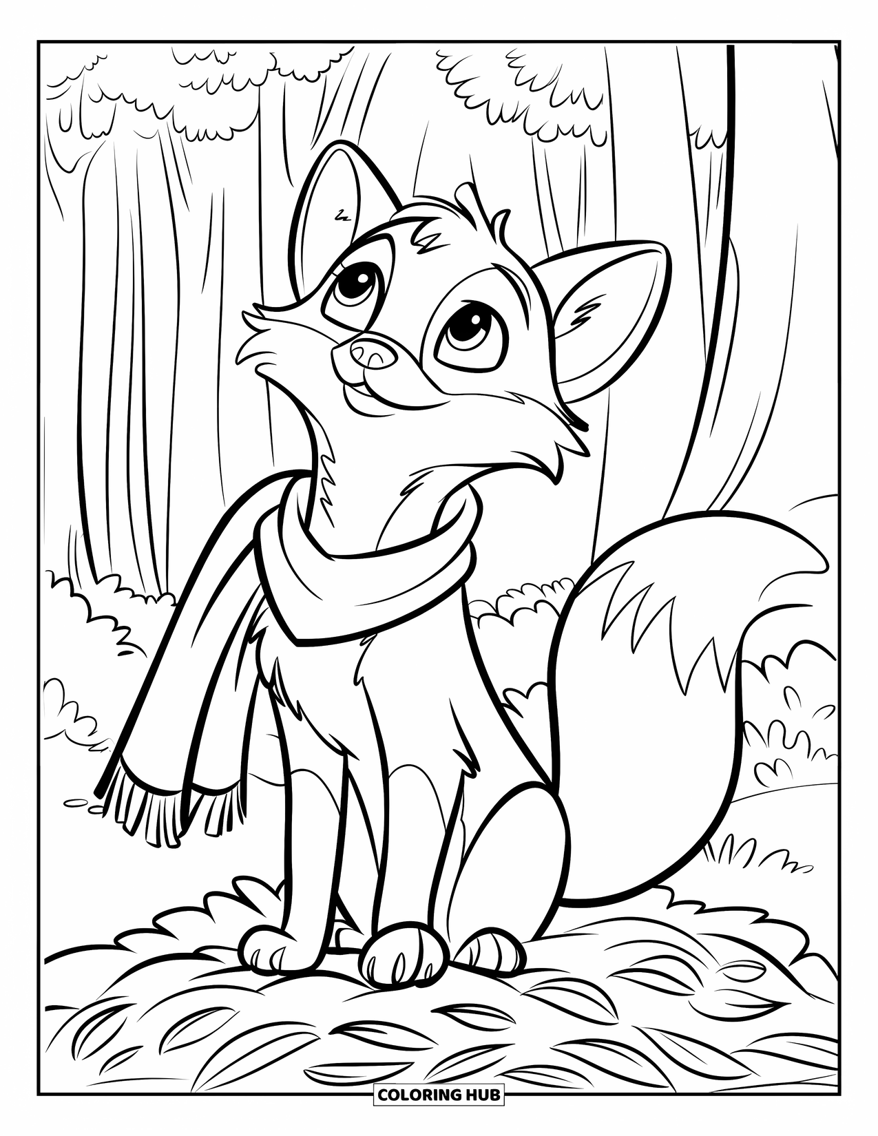 Herfst Kleurplaat voor Kinderen: Een vos met een sjaal zit rustig op een stapel herfstbladeren