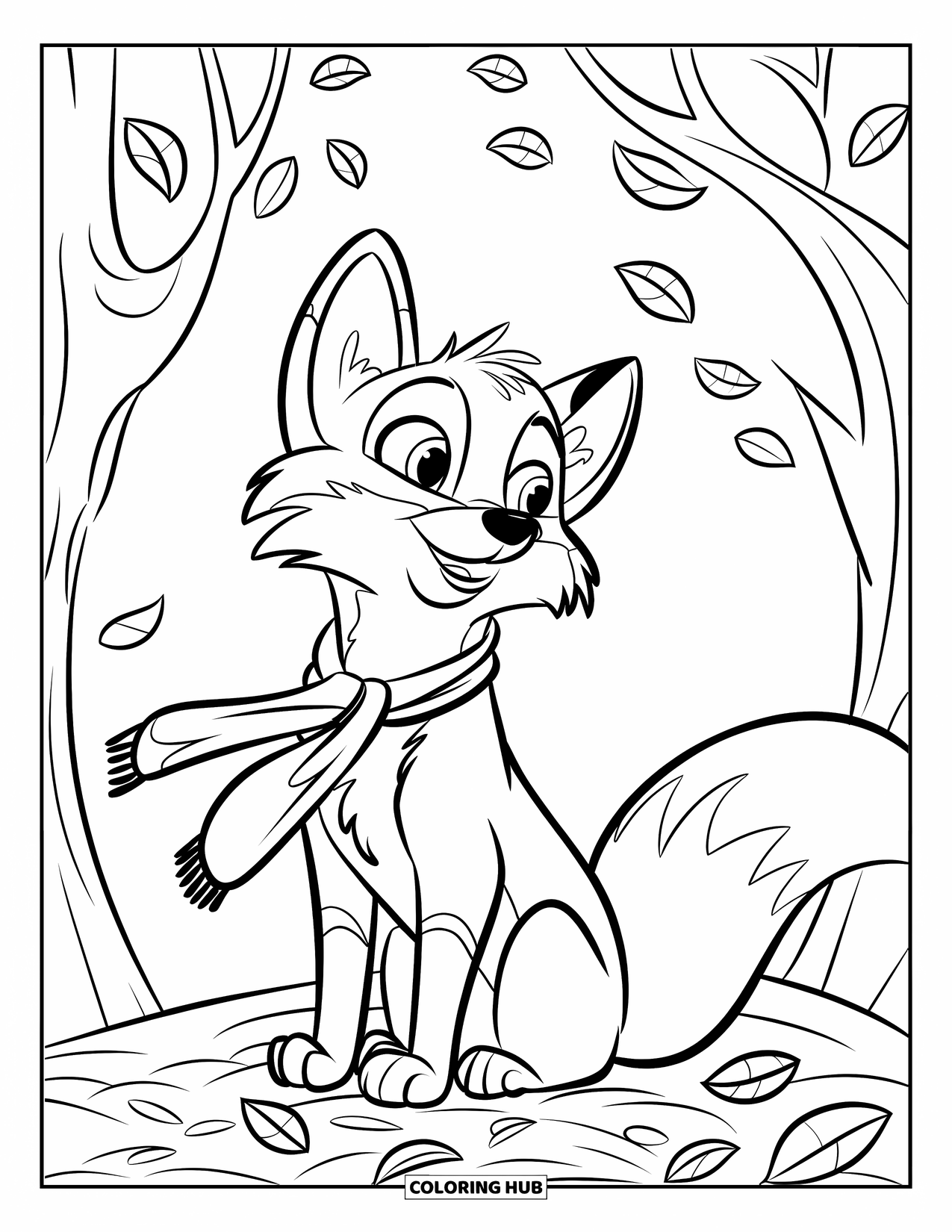 Herfst Kleurplaat voor Kinderen: Een vos met een warme sjaal staart naar de lucht vanuit zijn bed van bladeren