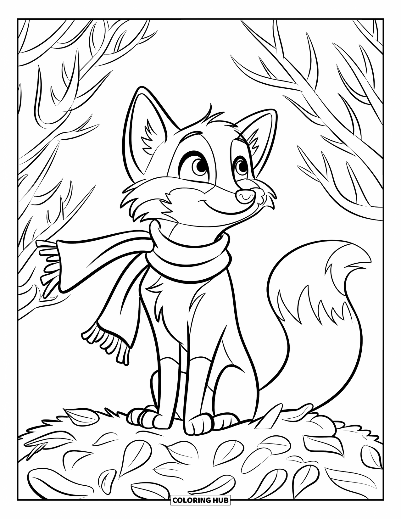 Herfst Kleurplaat voor Kinderen: Een vos gewikkeld in een sjaal rust op een bladerhoop en kijkt vredig omhoog