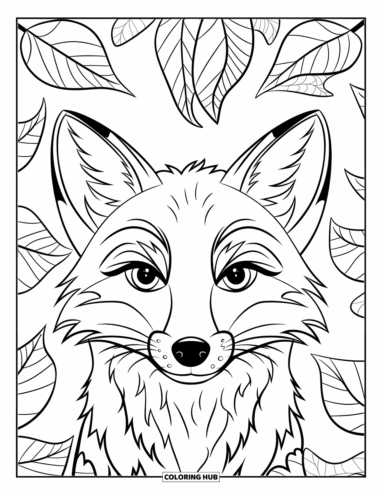 Herfst Kleurplaat voor Kinderen: Het gezicht van een vos piept naar buiten, omlijst door bladeren met delicate, ingewikkelde details