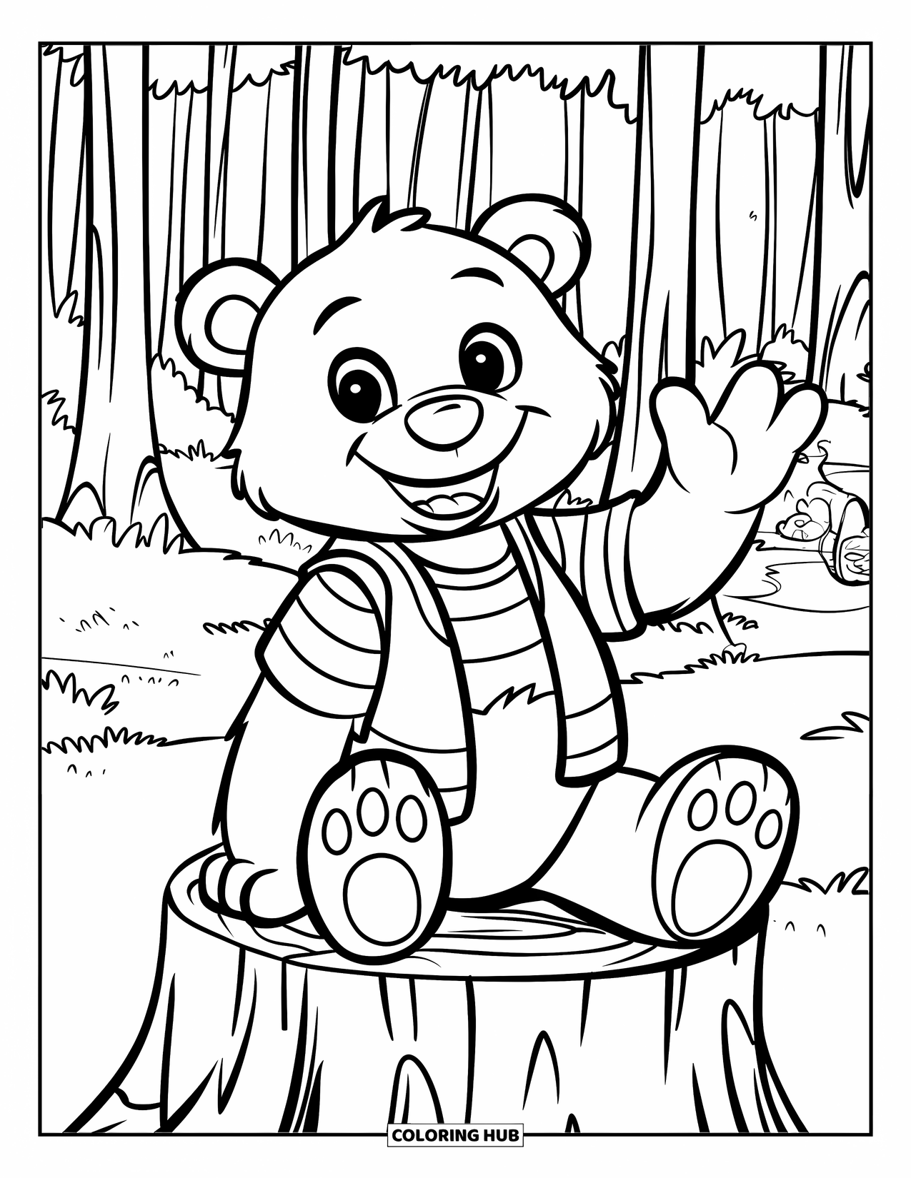 Herfst Kleurplaat voor Kinderen: Een vriendelijke beer met een sjaal zwaait vanuit een gezellige bosweide
