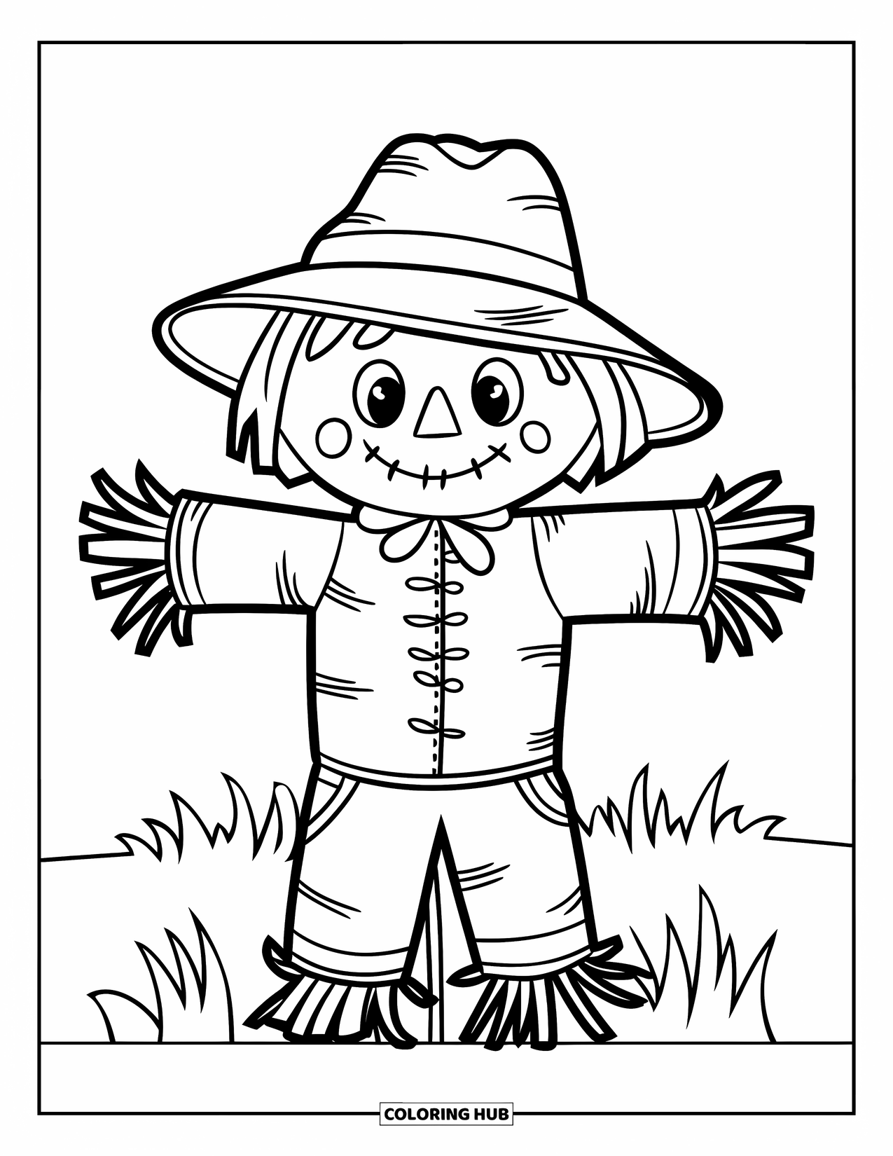 Herfst Kleurplaat voor Kinderen: Een vriendelijke vogelverschrikker met een gestikte hoed staat vrolijk in een open veld