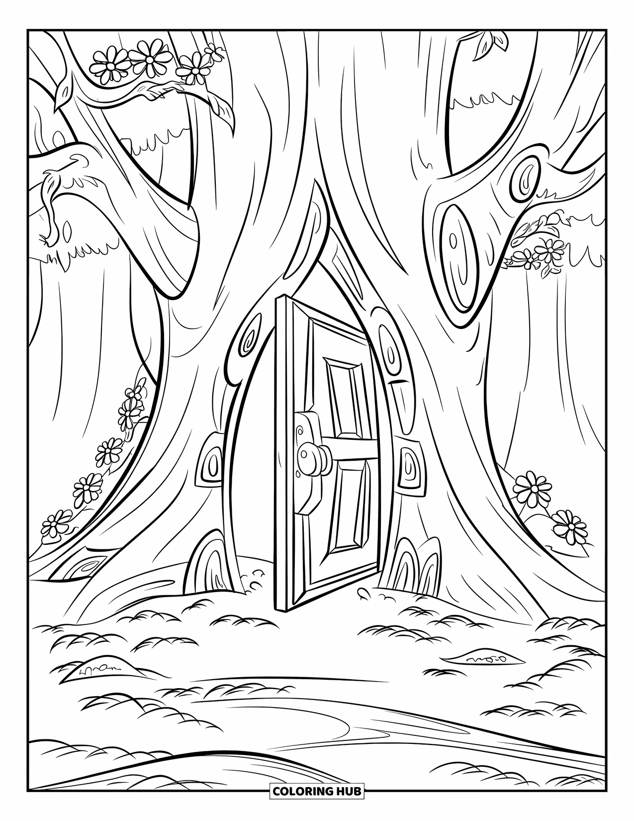 Herfst Kleurplaat voor Kinderen: Een reusachtige boom met een uitgesneden deuropening gloeit zachtjes, omringd door mos en bloemen