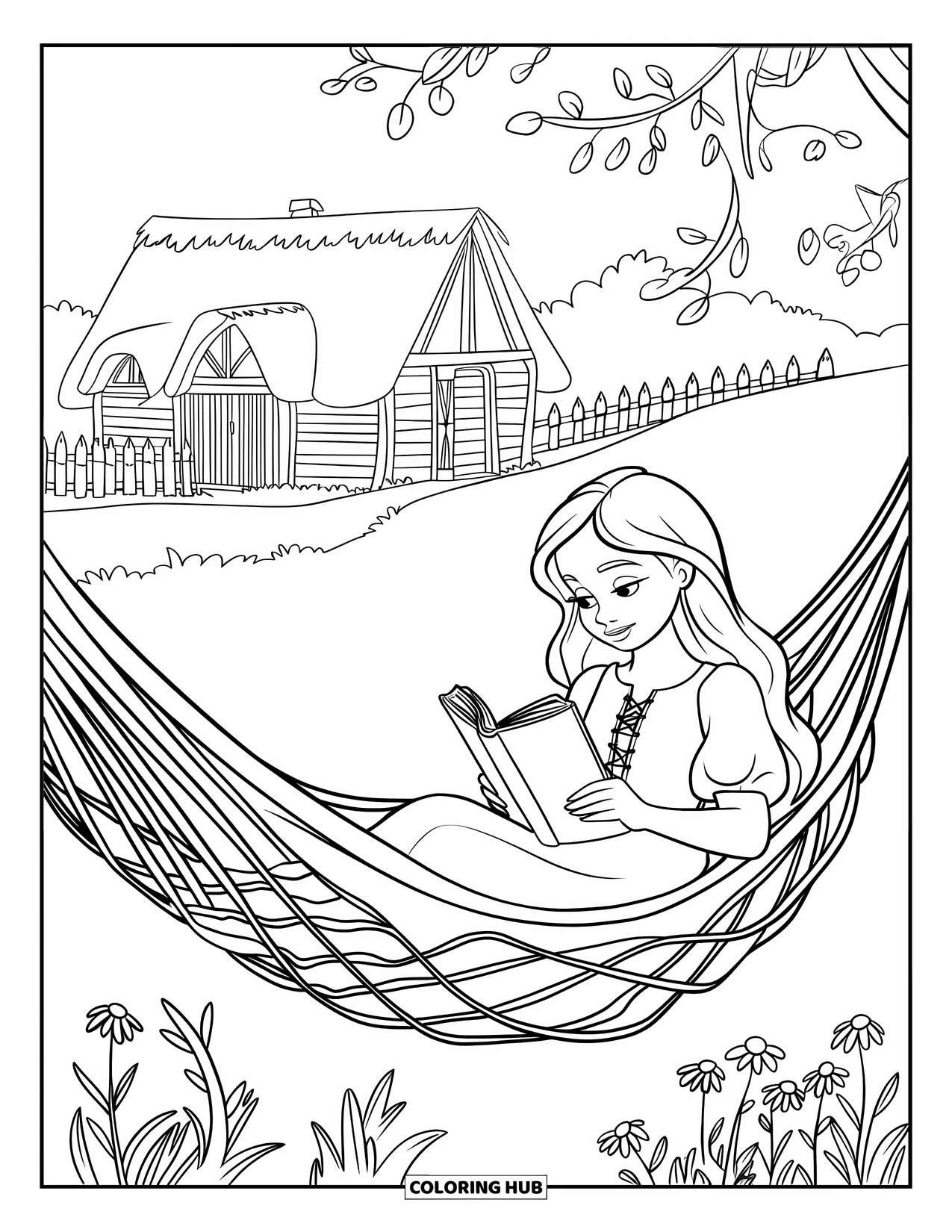 Herfst Kleurplaat voor Kinderen: Een meisje in een zwierige jurk ontspant zich in een wijnrankhangmat, omringd door wilde bloemen