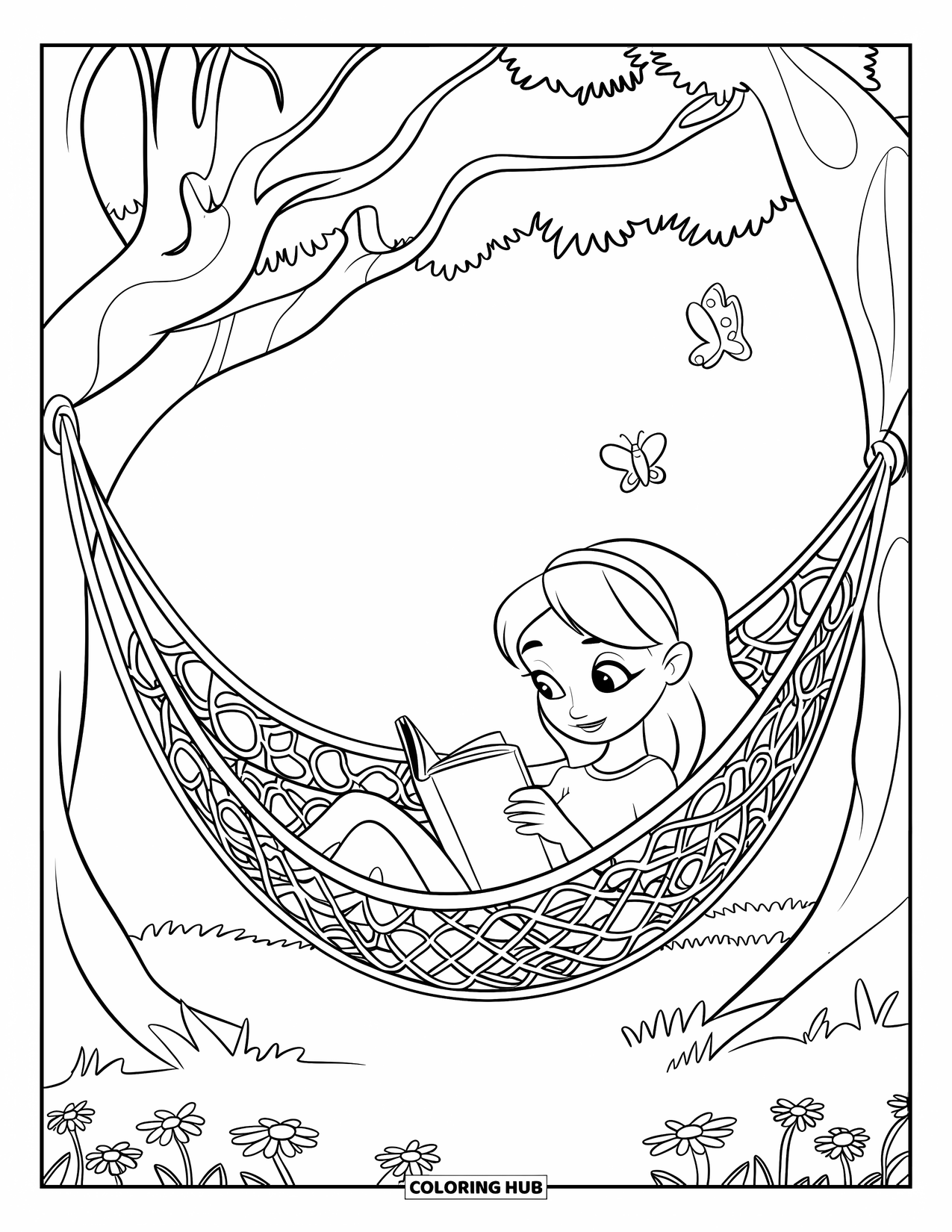 Herfst Kleurplaat voor Kinderen: Een hangmat gespannen tussen twee bomen wiegt een meisje terwijl ze vredig leest