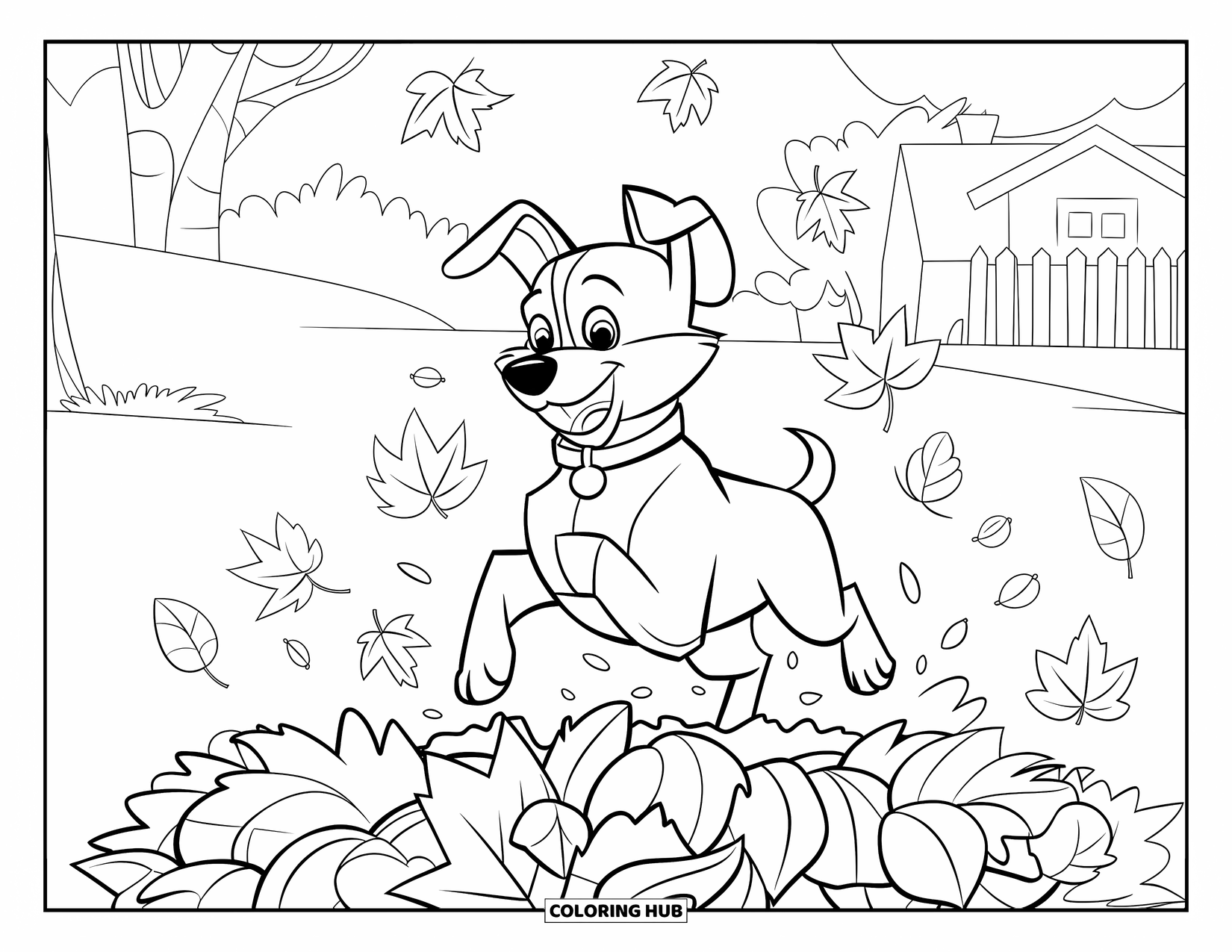 Herfst Kleurplaat voor Kinderen: Een blije hond met een kwispelende staart springt in een berg bladeren
