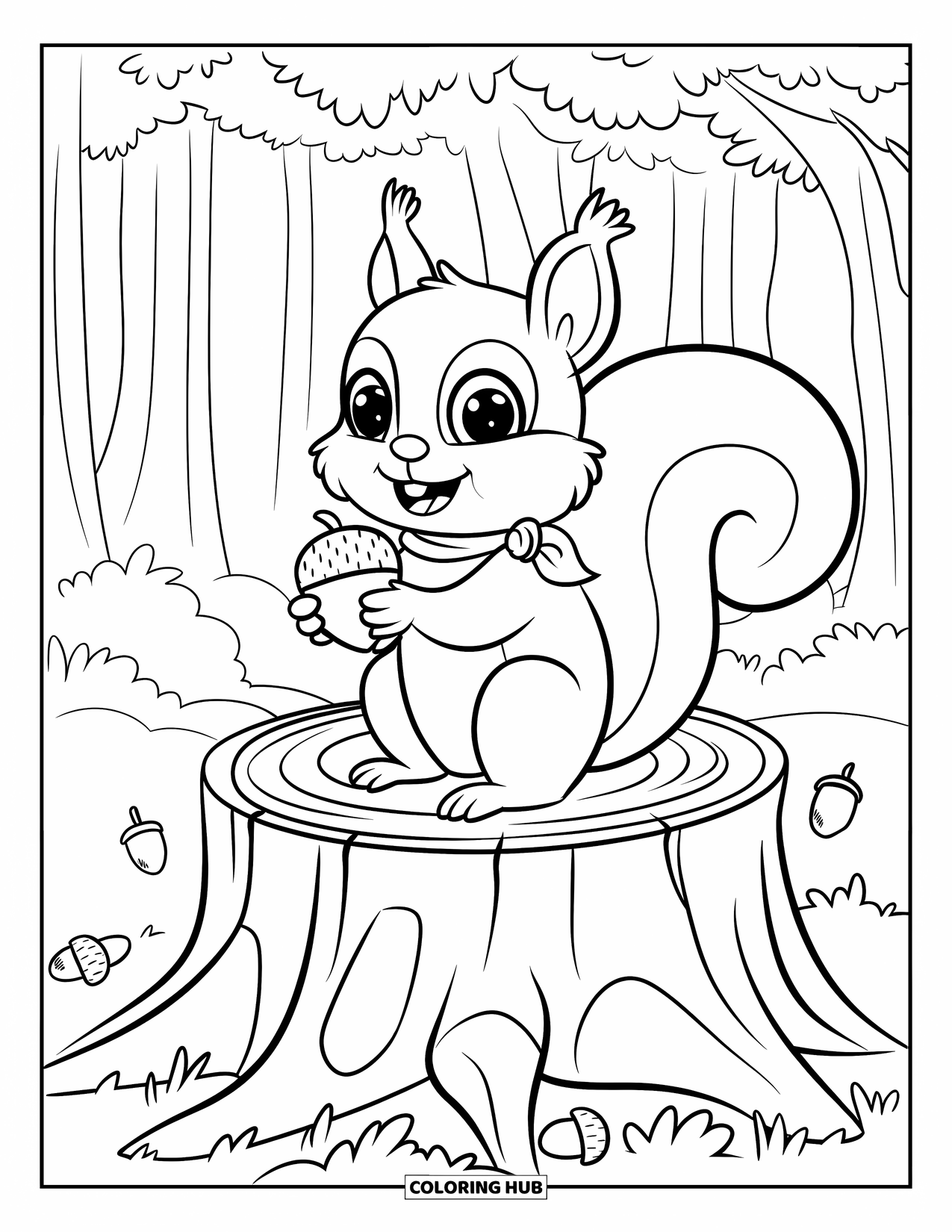 Herfst Kleurplaat voor Kinderen: Een blije eekhoorn met een pluizige staart zit op een stronk en houdt een eikel vast