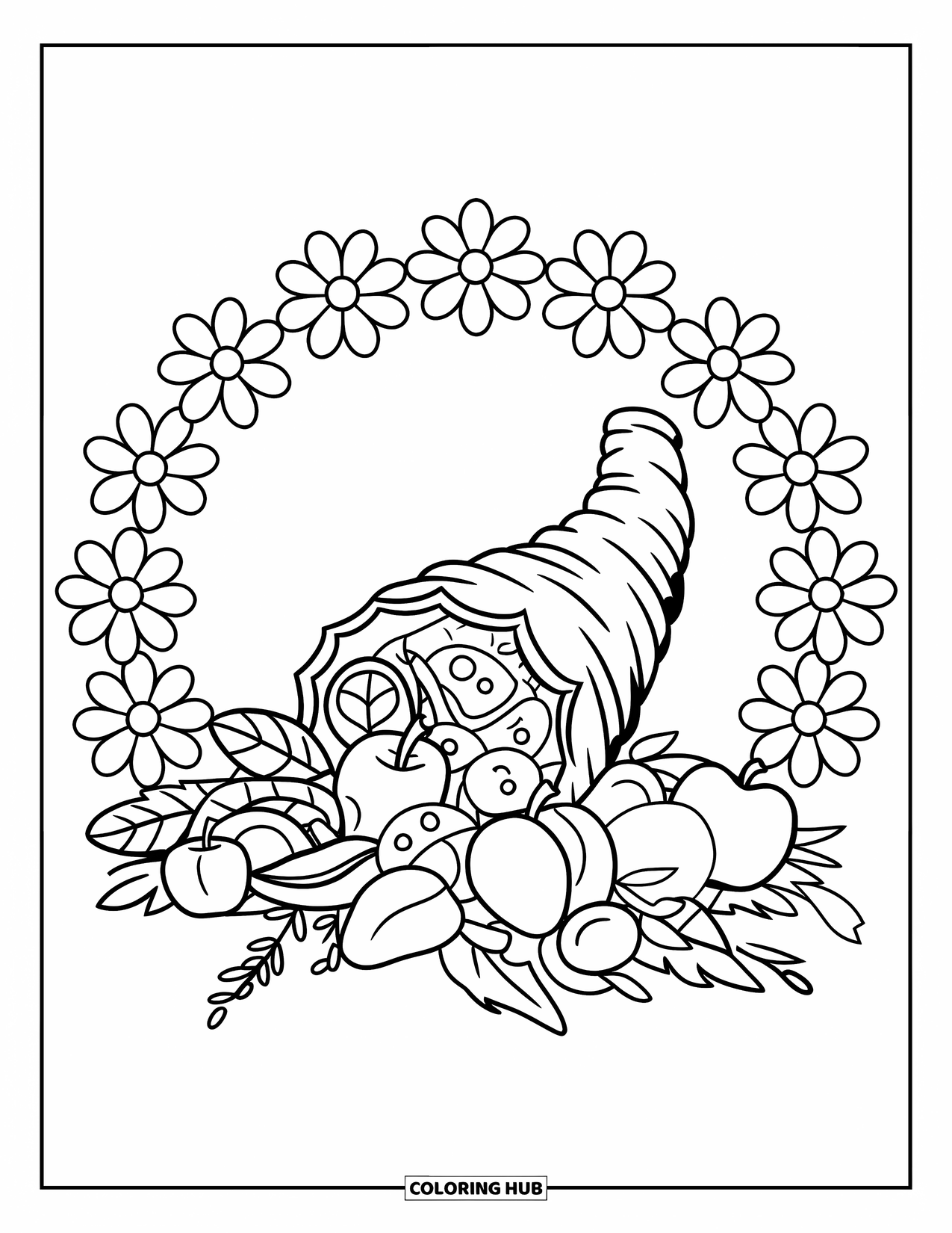 Herfst Kleurplaat voor Kinderen: Een oogsthoorn des overvloeds stroomt over van appels, druiven en herfstbladeren