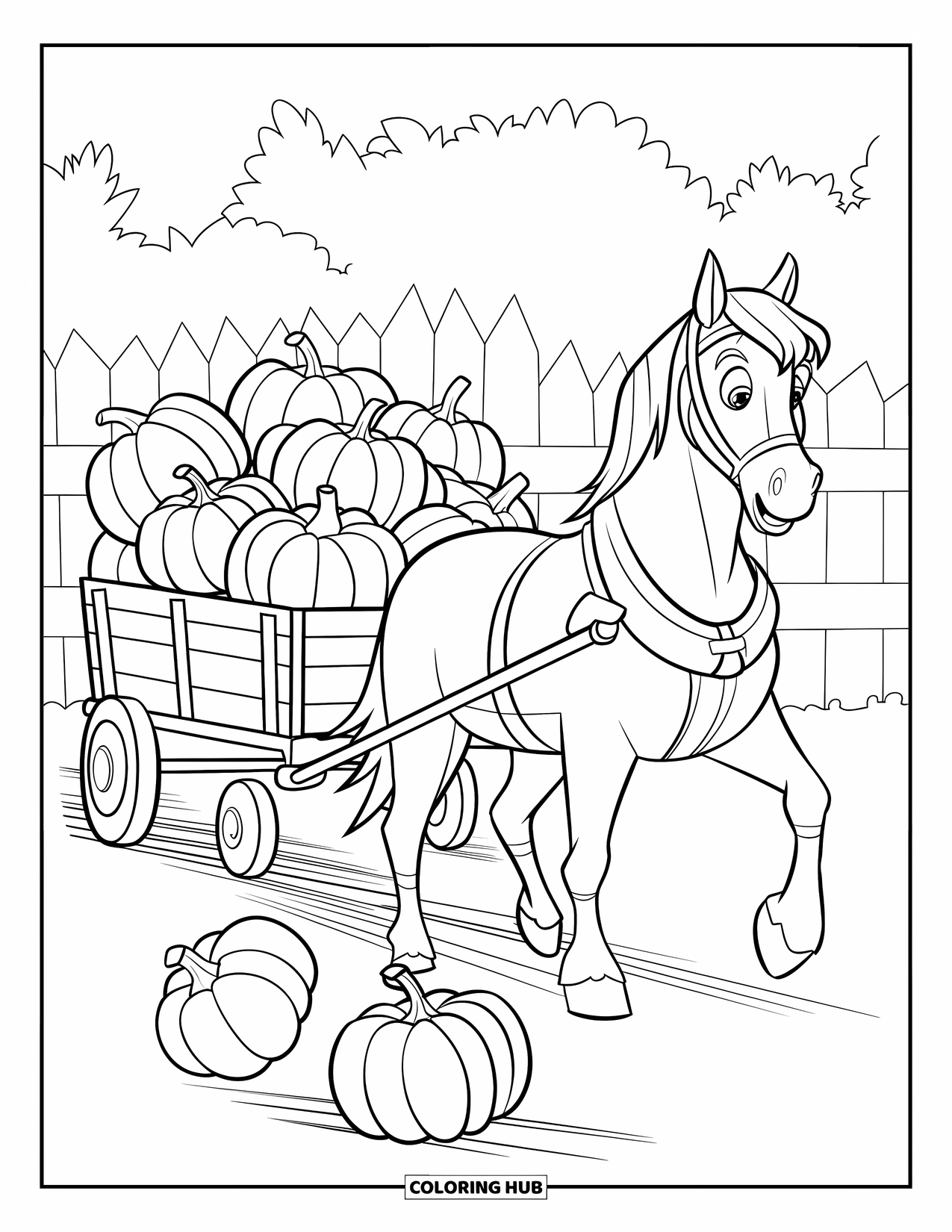 Herfst Kleurplaat voor Kinderen: Een door paarden getrokken wagen vol pompoenen vervoert een hobbelige herfstoogst