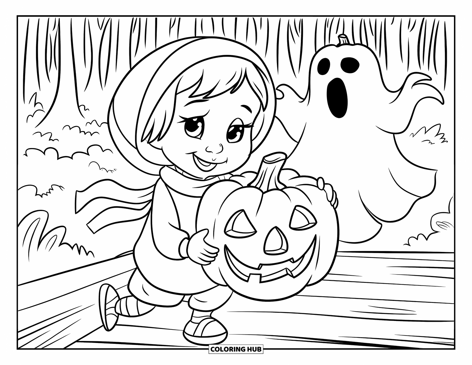 Herfst Kleurplaat voor Kinderen: Een vrolijk kind houdt een pompoen vast, staand bij een rustiek hek en een hooiberg