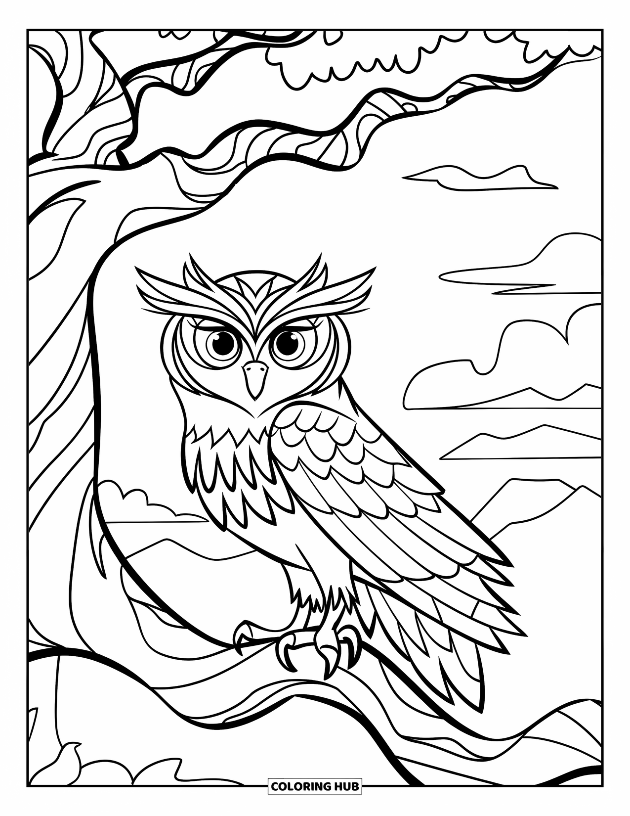 Herfst Kleurplaat voor Kinderen: Een grote uil met ingewikkelde veren zit in een kronkelige boom en staart vooruit