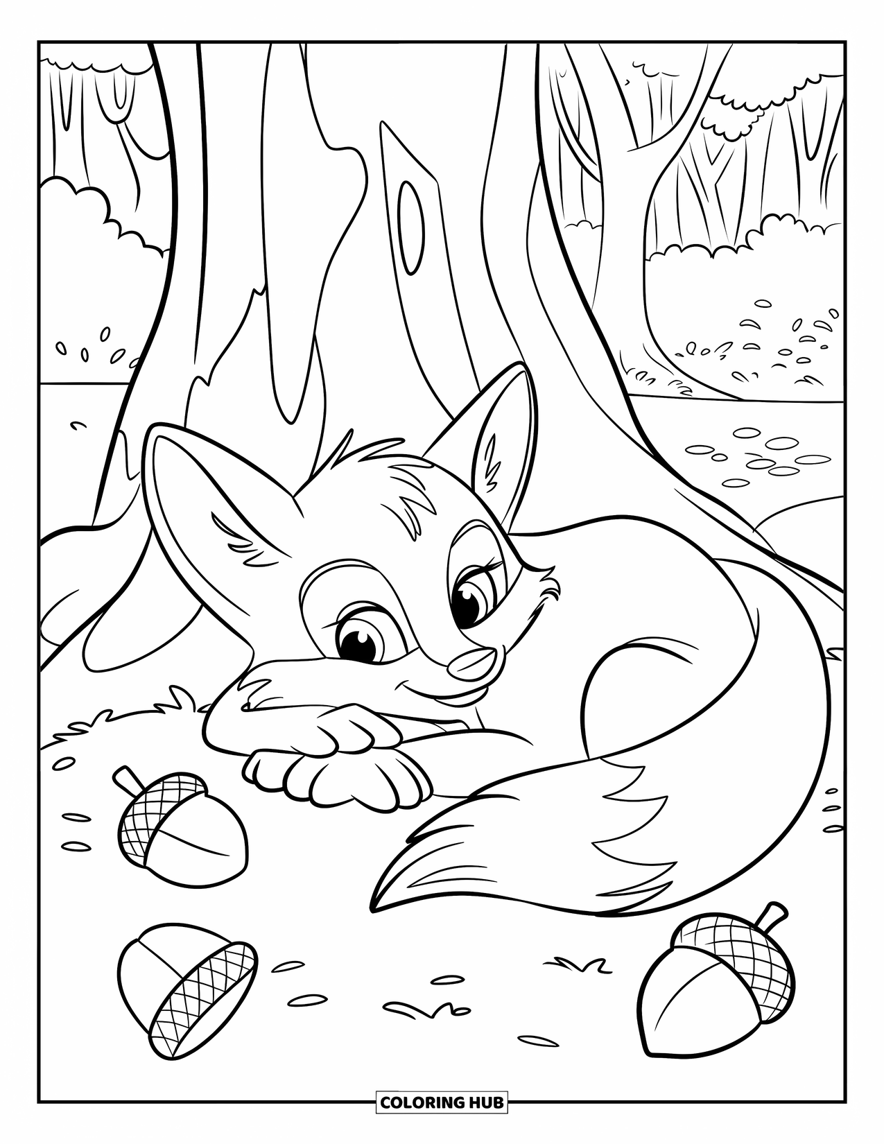 Herfst Kleurplaat voor Kinderen: Een kleine vos krult zich op onder een boom, genesteld tussen gevallen eikels