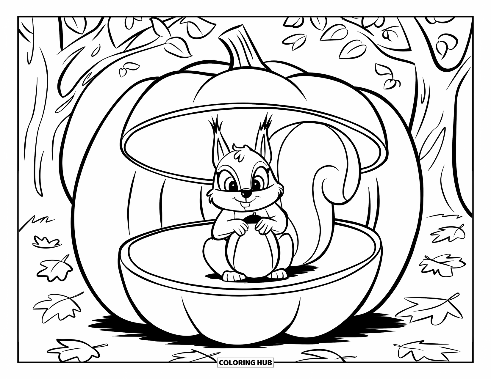 Herfst Kleurplaat voor Kinderen: Een kleine eekhoorn houdt zich vast aan een gigantische pompoen, balancerend op een houten kar