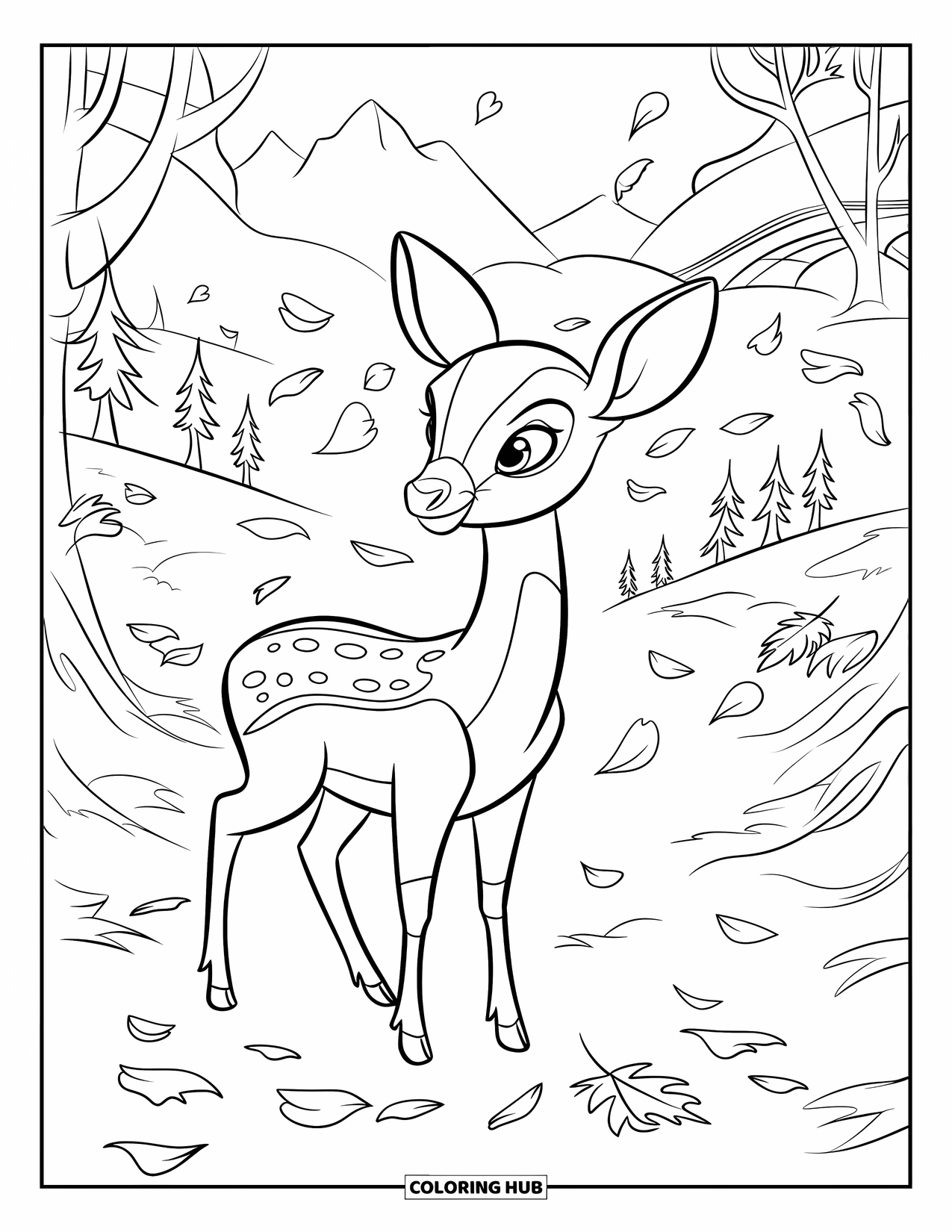 Herfst Kleurplaat voor Kinderen: Een eenzaam hert staart door de ochtendmist terwijl herfstbladeren ronddrijven