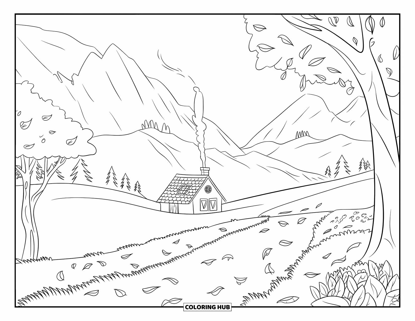 Herfst Kleurplaat voor Kinderen: Een mistige ochtend omringt een charmant huisje met rook die uit de schoorsteen krult