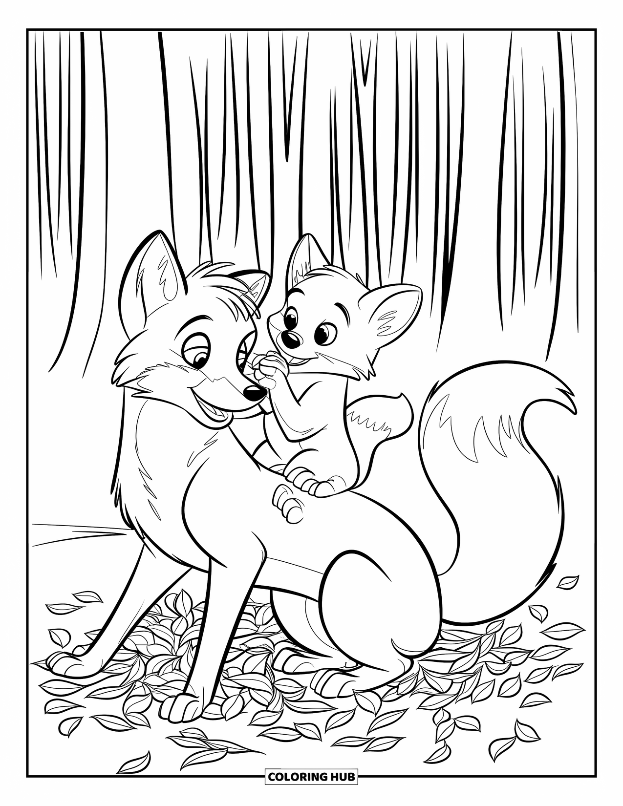 Herfst Kleurplaat voor Kinderen: Een moedervos en haar welp genieten van een speels moment in een bos vol bladeren