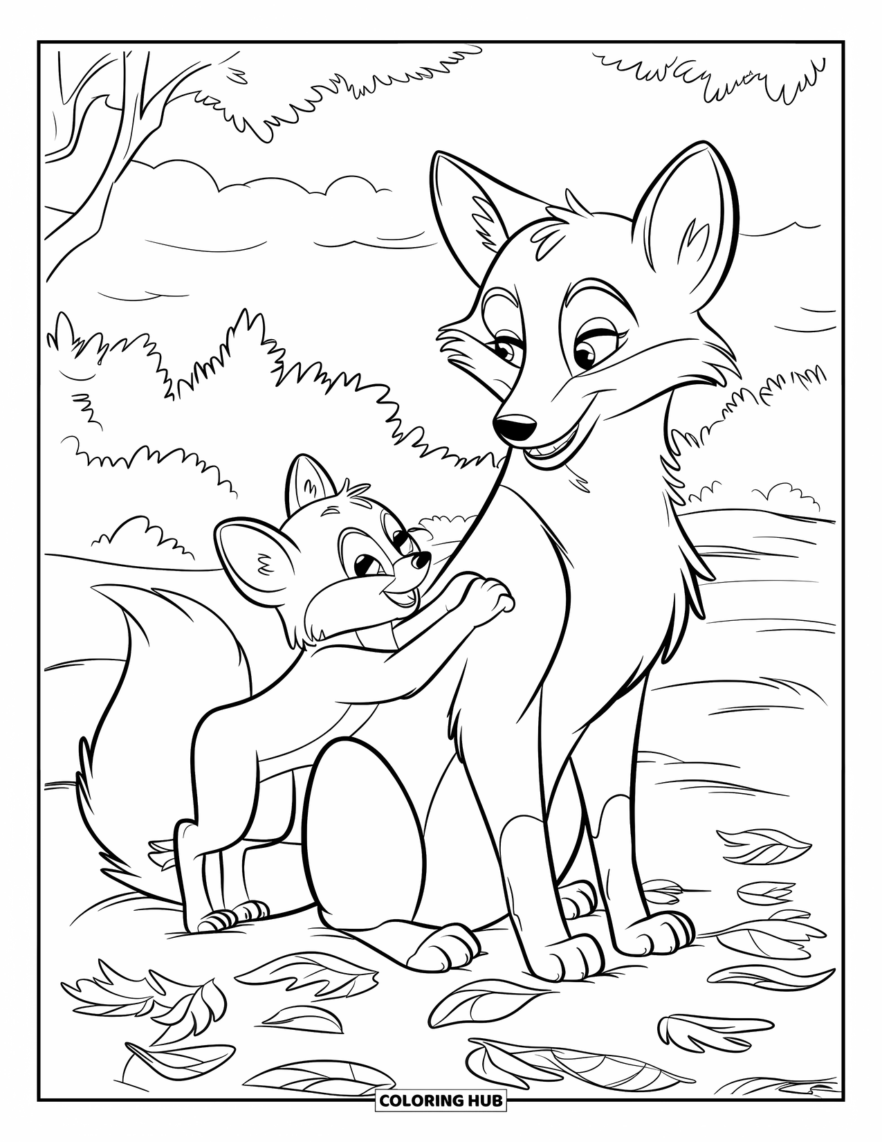 Herfst Kleurplaat voor Kinderen: Een moedervos en haar jong worstelen speels in een kleurrijk bed van gevallen bladeren