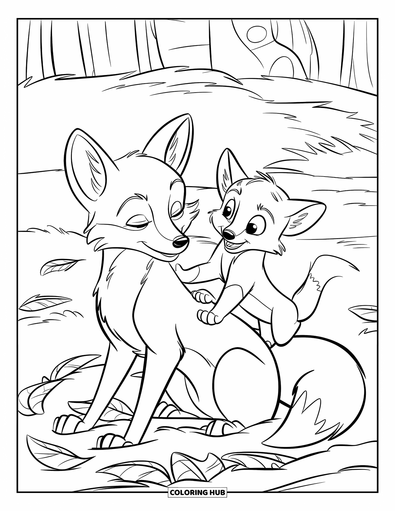 Herfst Kleurplaat voor Kinderen: Een moedervos sluit haar ogen terwijl haar speelse jong met vallende bladeren speelt