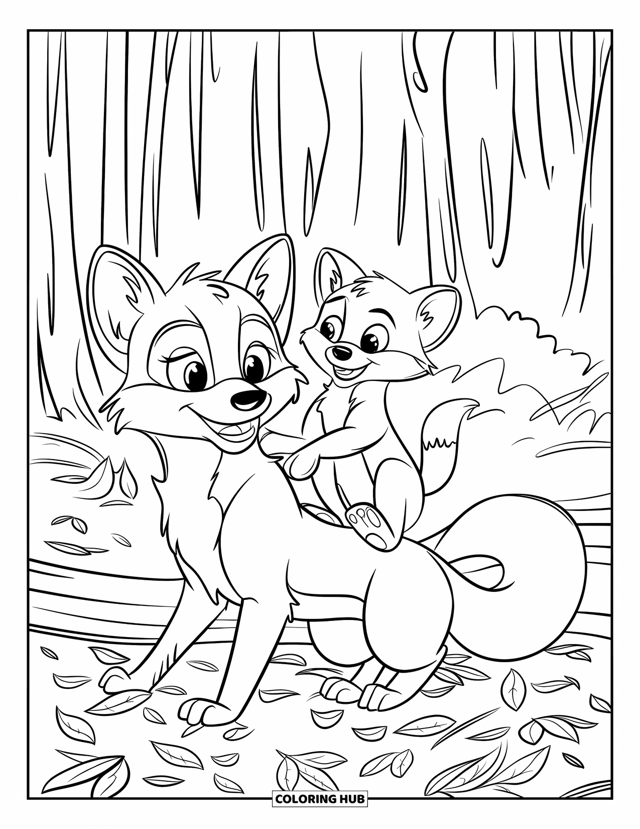 Herfst Kleurplaat voor Kinderen: Een moedervos zit op een boomstam terwijl haar speelse welp op haar rug klimt