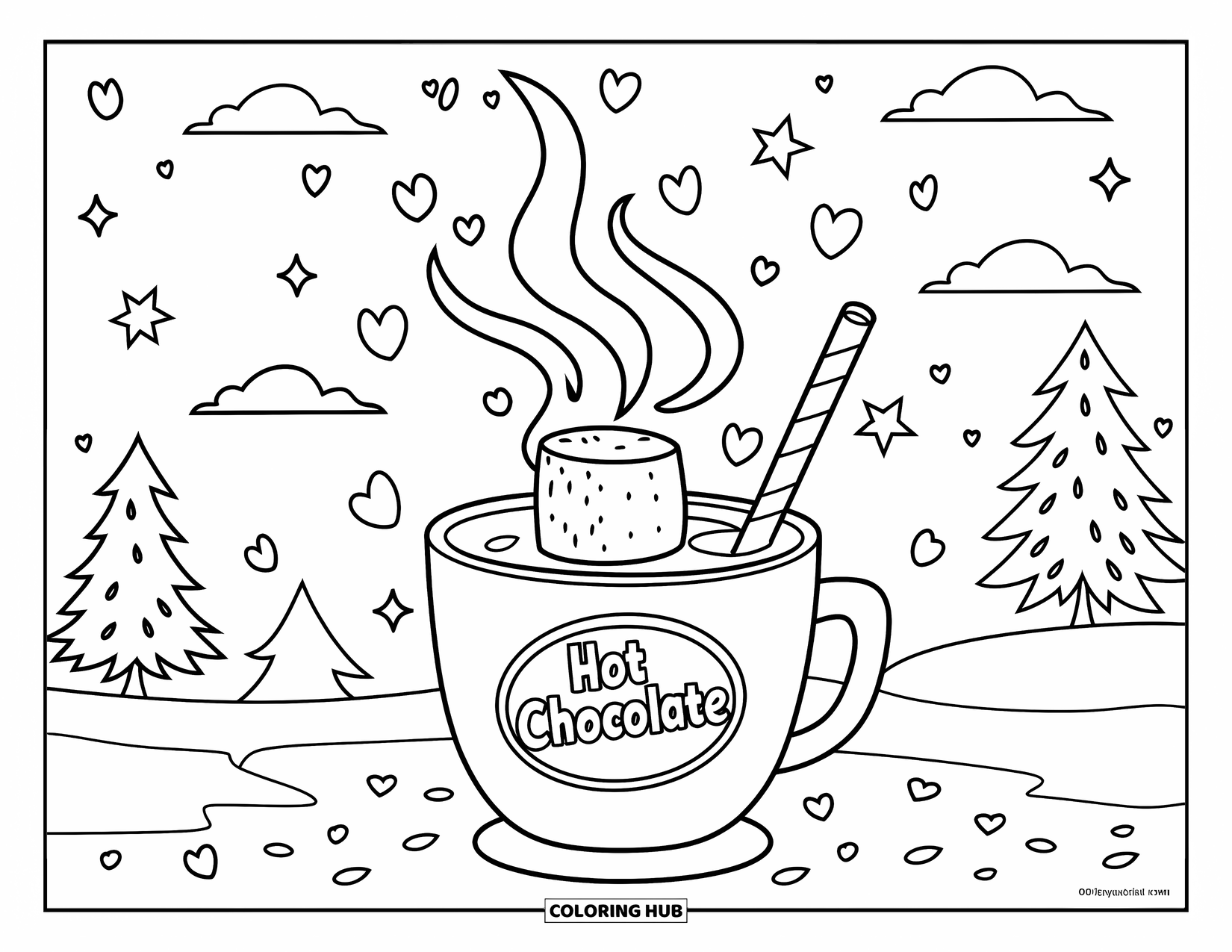 Herfst Kleurplaat voor Kinderen: Een mok warme chocolademelk met een rietje en sticker staat in een besneeuwd landschap