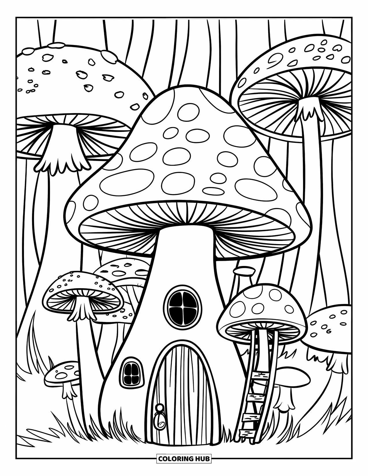 Herfst Kleurplaat voor Kinderen: Een paddenstoelvormig huisje met een ladder leunt ertegenaan, omringd door een bos