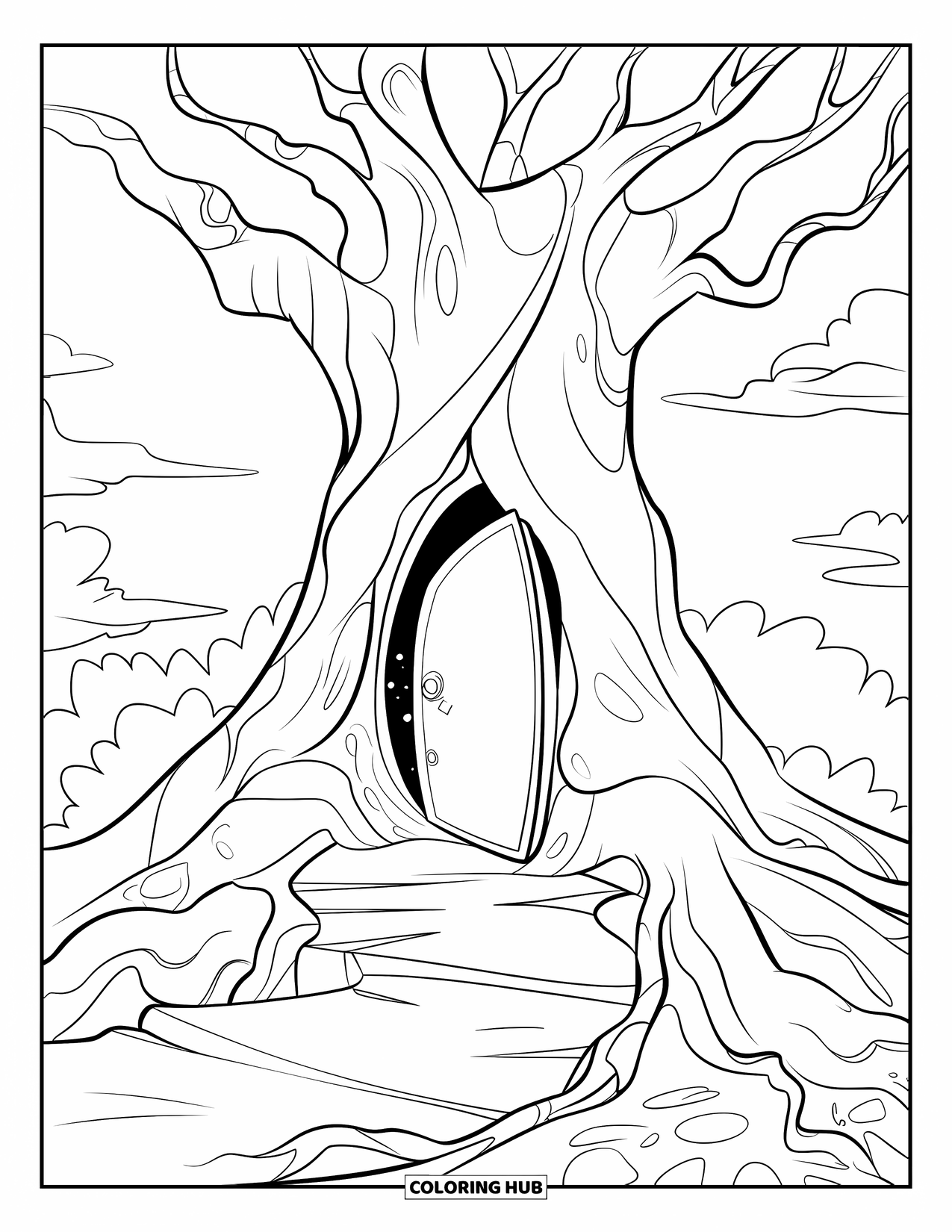 Herfst Kleurplaat voor Kinderen: Een mysterieuze boom met een gloeiende deuropening staat in een rotsachtig, mistig landschap