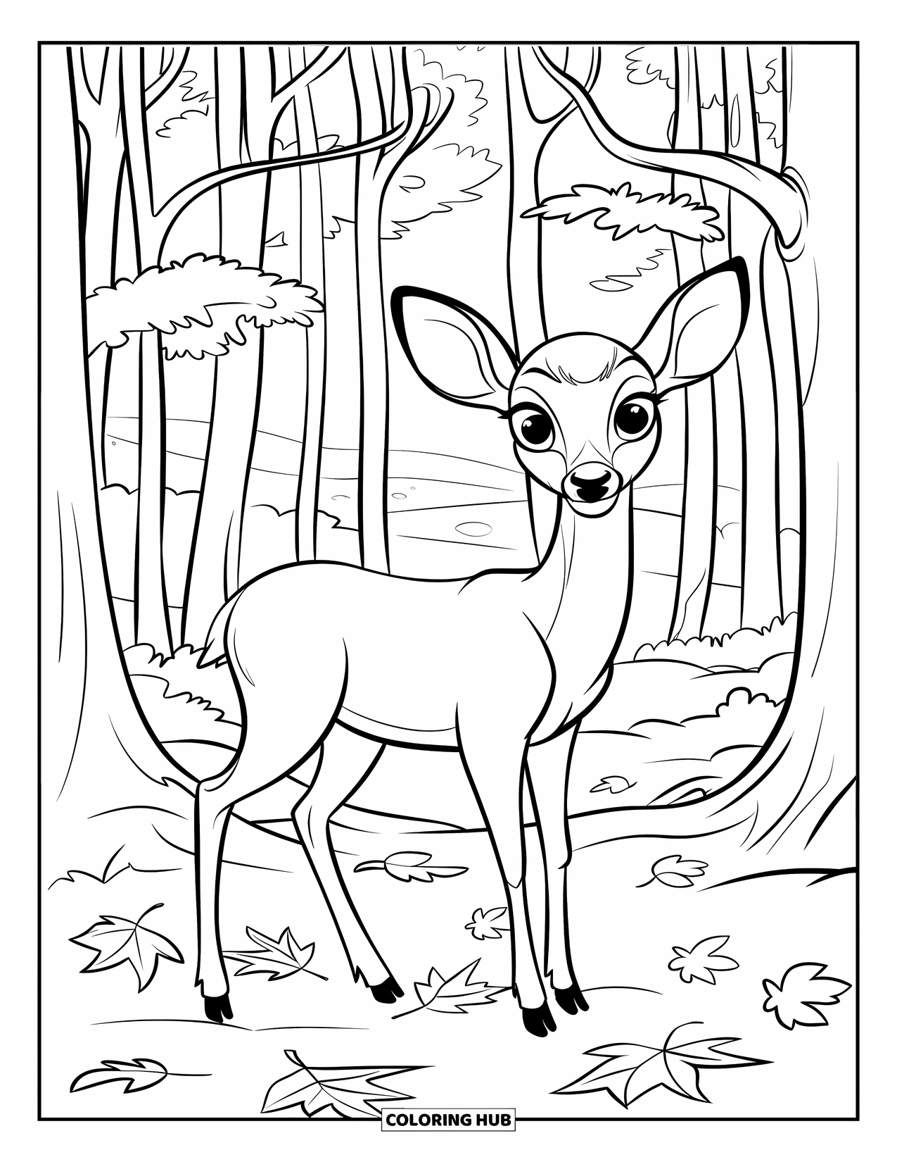 Herfst Kleurplaat voor Kinderen: Een vredig hert staat in een bos, zijn hoeven knisperen op gevallen herfstbladeren