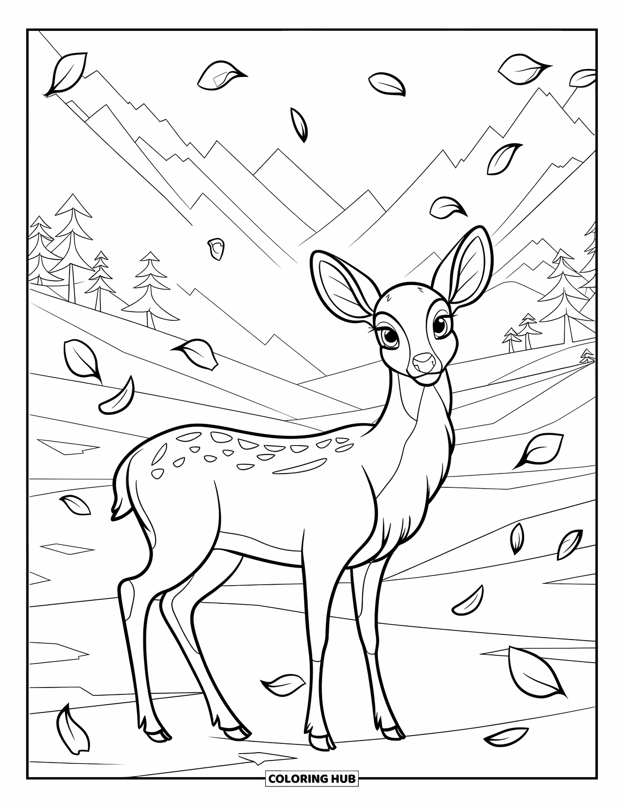 Herfst Kleurplaat voor Kinderen: Een vredig hert staat in een rustige vallei, zachte bloemblaadjes zweven in de lucht