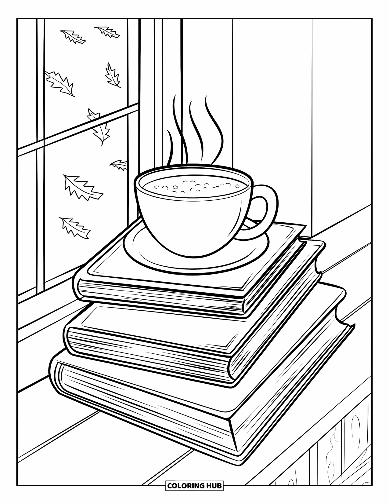 Herfst Kleurplaat voor Kinderen: Een stapel boeken en een stomende mok cacao staan naast een raam in de herfst