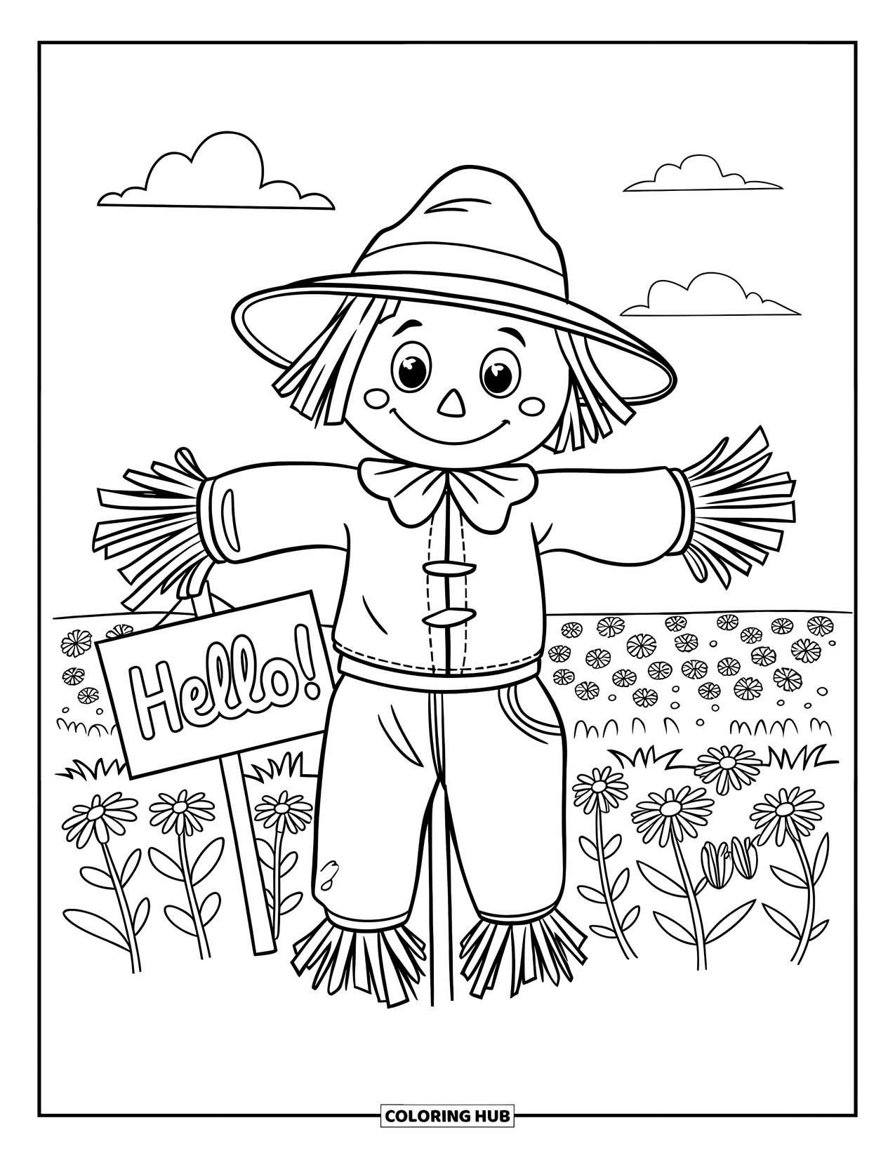 Herfst Kleurplaat voor Kinderen: Een speelse vogelverschrikker zwaait vanuit een veld en houdt een bord vast met de tekst "Hallo!"