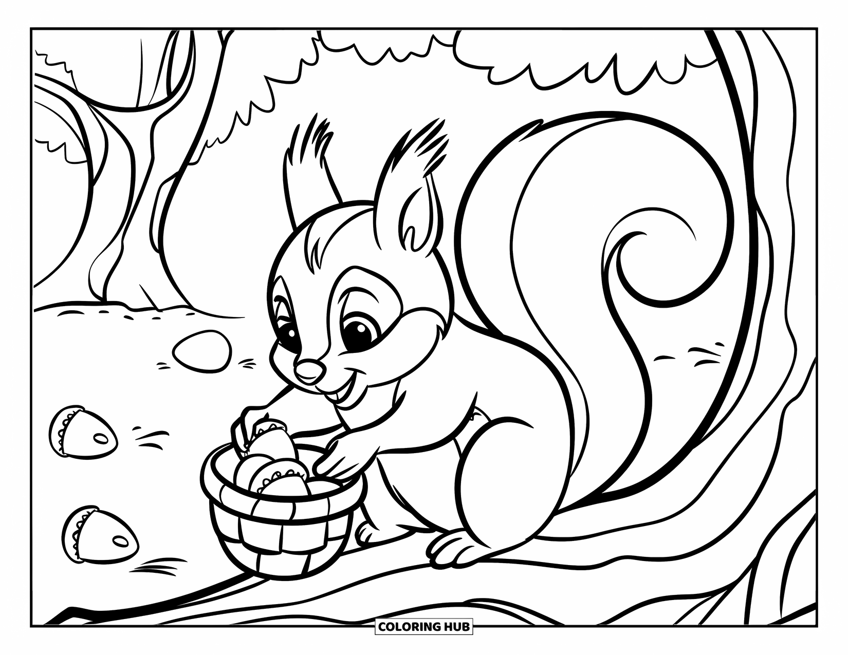 Herfst Kleurplaat voor Kinderen: Een speelse eekhoorn zit op een boomtak en verzamelt eikels in een klein mandje