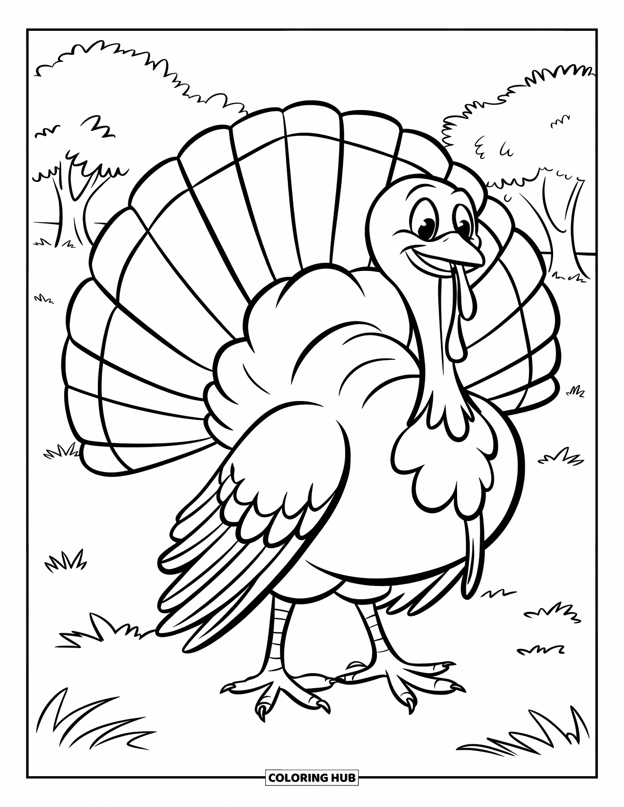 Herfst Kleurplaat voor Kinderen: Een trotse kalkoen met gespreide staartveren paradeert door een open veld