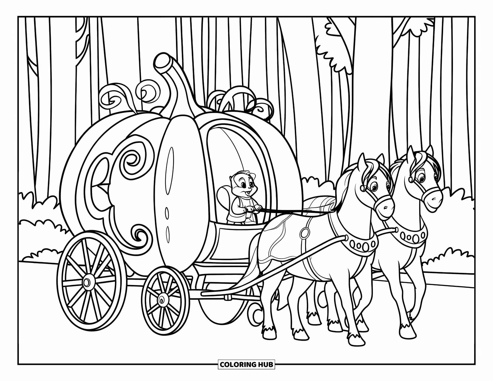 Herfst Kleurplaat voor Kinderen: Een pompoenvormige koets met wervelende details wacht, bestuurd door een kleine eekhoorn