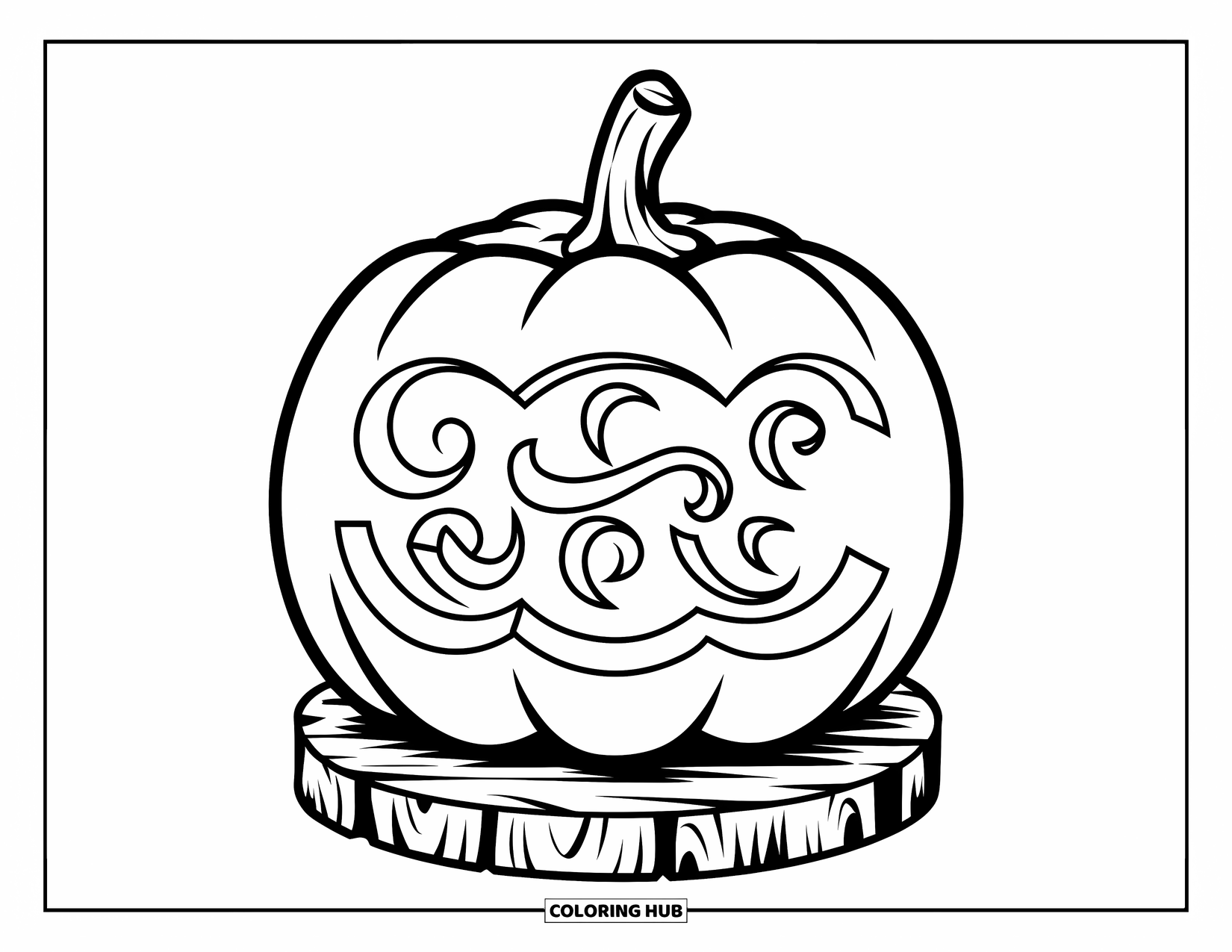 Herfst Kleurplaat voor Kinderen: Een pompoen met wervelende gesneden patronen staat bovenop een rustieke houten basis
