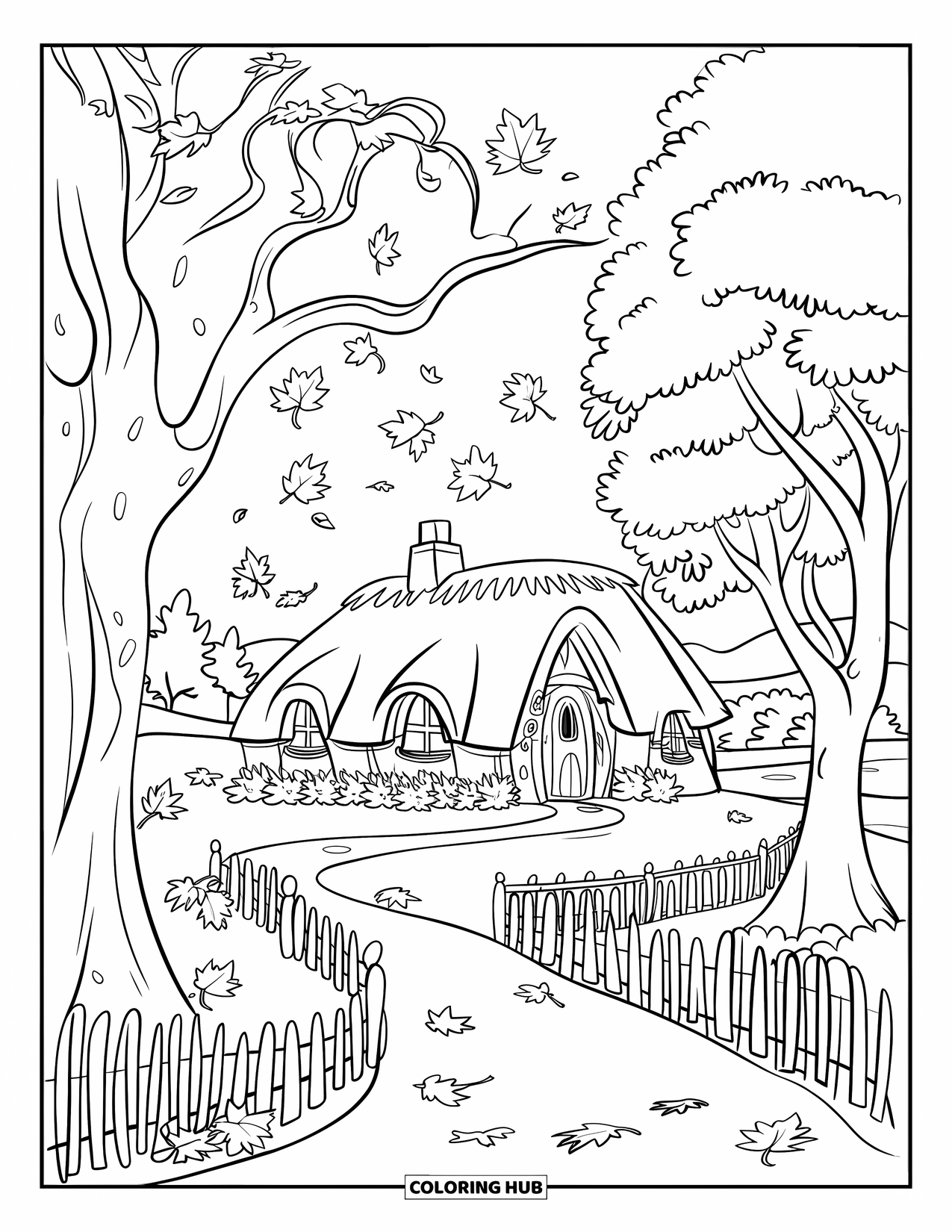 Herfst Kleurplaat voor Kinderen: Een schilderachtig huisje met een rieten dak staat tussen kleurrijke herfstbomen