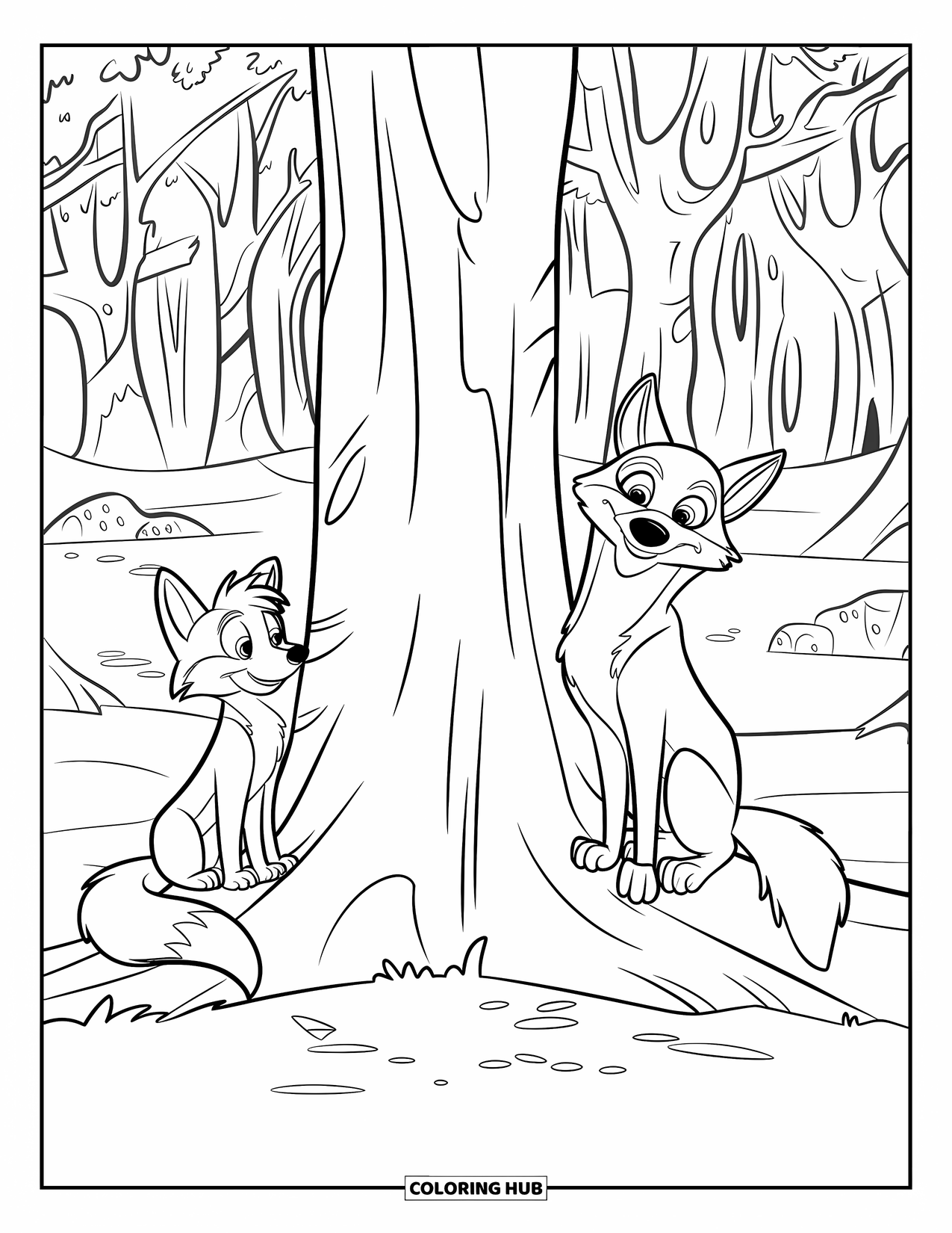 Herfst Kleurplaat voor Kinderen: Een rustig bos herbergt een vos en een wolf die aan weerszijden van een boom rusten