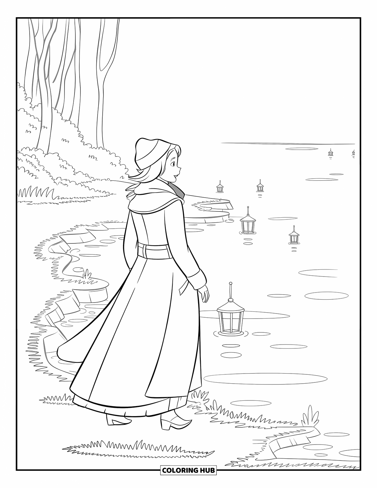 Herfst Kleurplaat voor Kinderen: Een roodharige vrouw kijkt uit over een meer, lantaarns drijven op het water