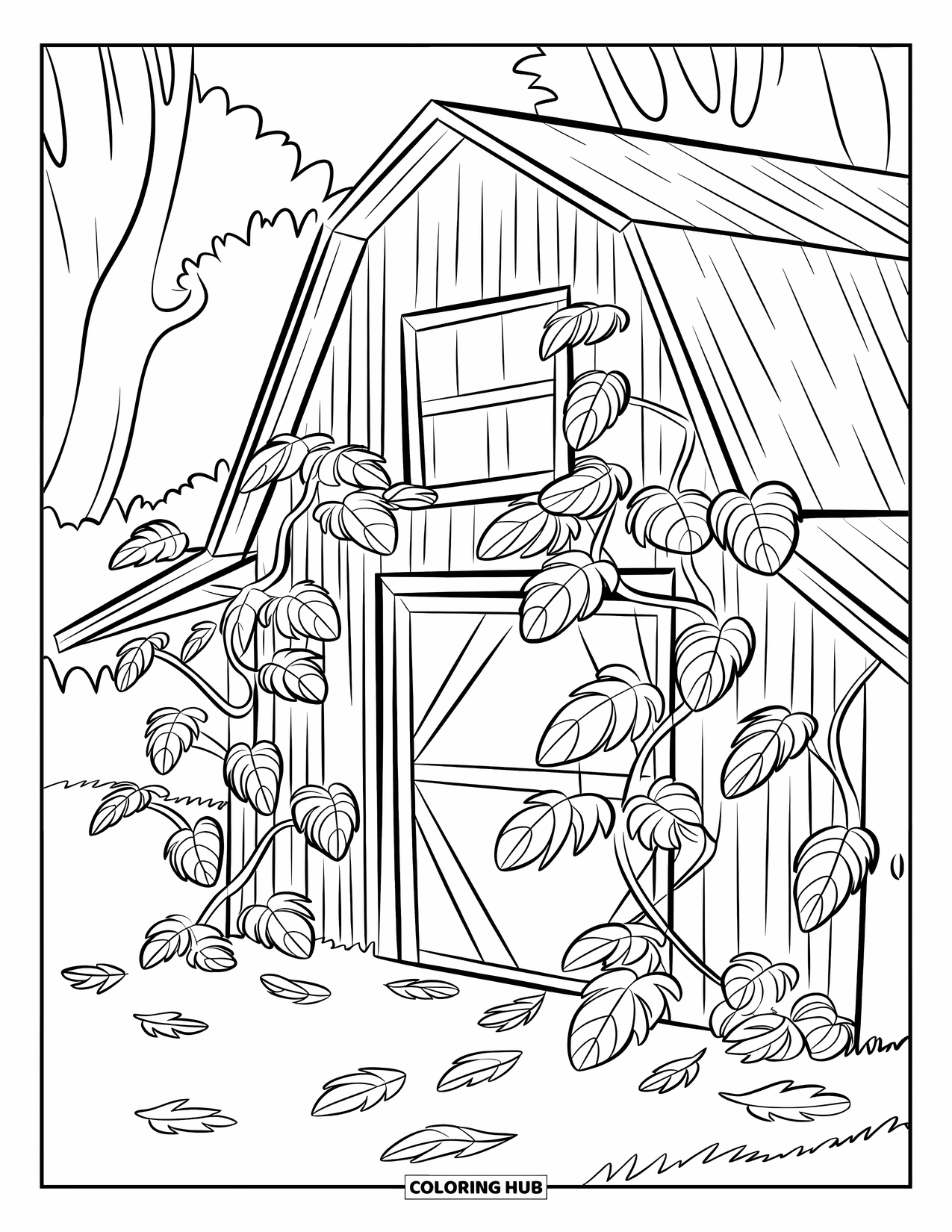 Herfst Kleurplaat voor Kinderen: Een rustieke schuur met klimplanten staat omringd door verspreide bladeren