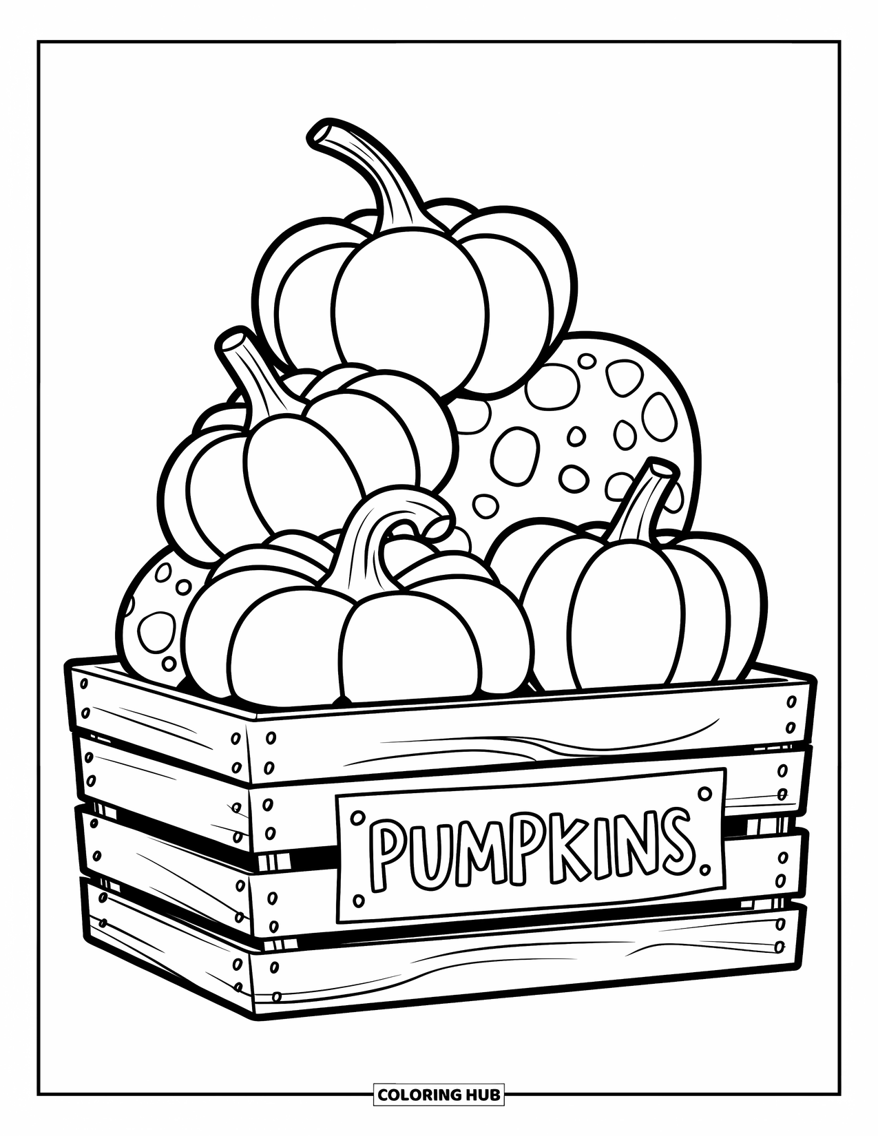 Herfst Kleurplaat voor Kinderen: Een rustieke krat bevat een mix van pompoenen en uniek gevormde kalebassen